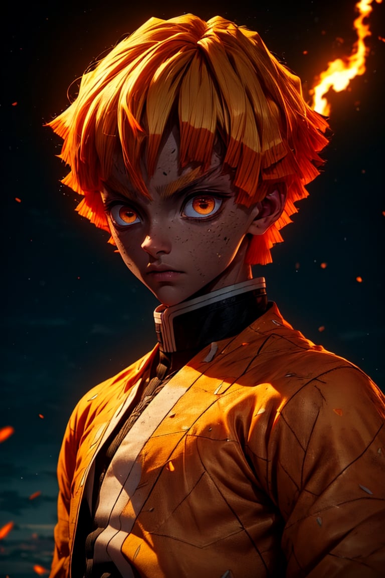 sharp focus, dynamic, (natural skin texture, hyperrealism:1.25), (skinny:1.25),portrait of Zenitsu, 1boy ,glowing white eyes, no pupil, no iris, looking at viewer, serius face, empty look, dinamic pose, dinamic hair, orange hair-streaks, short hair, very low angle, looking at camera, pale skin, staring, full body, moon background, perfecteyes, *see the examples*,r1ge,flaming eye, yellow clothes, electricity, electric strikes ,bangs,agatsuma_zenitsu,weapon,*see the examples*,blank eyes