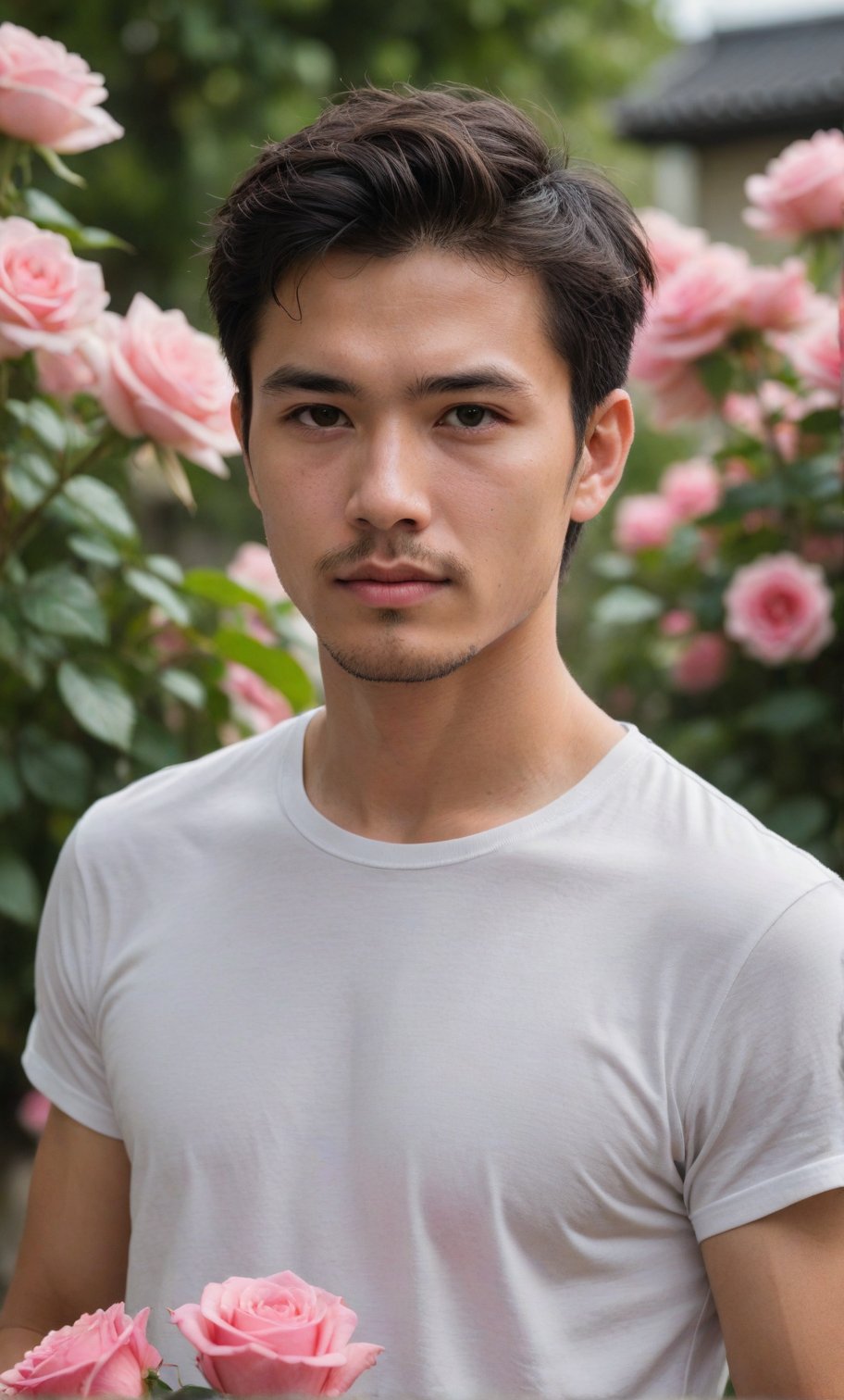 solo, looking at viewer, short hair, wearing no shirt, black hair, 1boy, white shirt, upper body, flower, short sleeves, male focus, outdoors, day, blurry, black eyes, blurry background, rose, facial hair, t-shirt, pink flower, bouquet, realistic, pink rose,Handsome  Taiwanese 