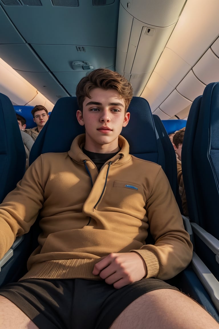 masterpiece, 1 slim boy, 18 years old, Look at me, young boys, Handsome brown hair boys,, wearing casual warm clothes, laying on airplane sofa, lying on the airplane chair, . In an aeroplane, in an airplane background, cinematic lighting, UHD,Extra Realistic XL,flash