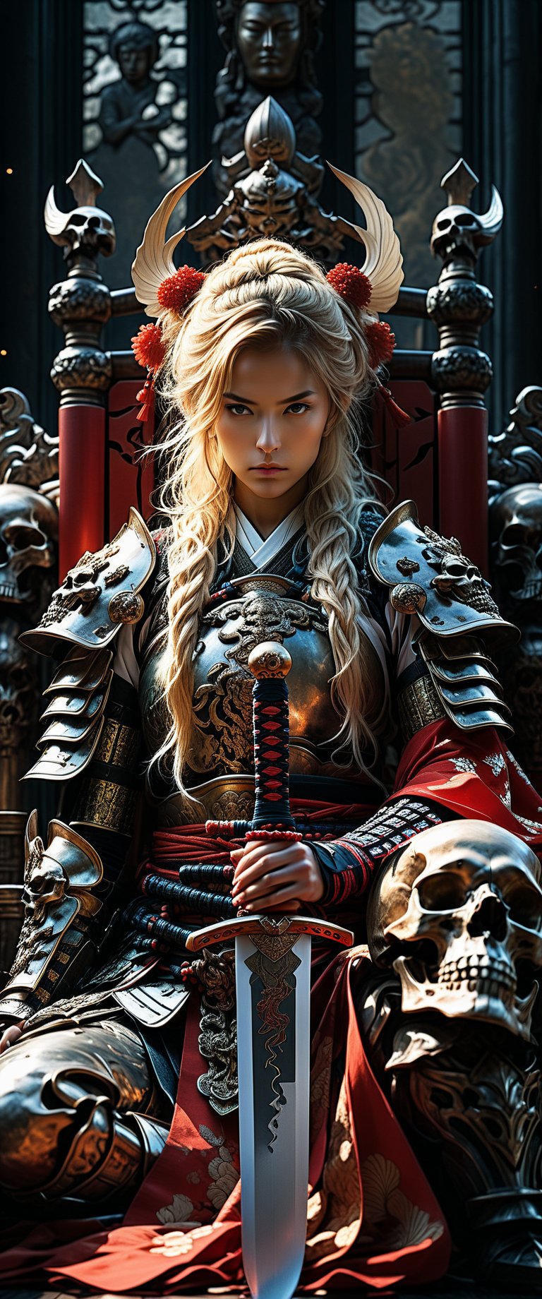 breathtaking RAW photo of female (Hayao Miyazaki style ~ ((20 years old)) Scandinavian blonde female warrior sitting on a bone throne, red armor, highly detailed and intricate, dynamic pose, more detail XL, tetradic colors, epic masterpiece, cinematic experience, 8k, dark fantasy digital art

)), dark and moody style, perfect face, outstretched perfect hands . masterpiece, professional, award-winning, intricate details, ultra high detailed, 64k, dramatic light, volumetric light, dynamic lighting, Epic, splash art .. ), by james jean $, roby dwi antono $, ross tran $. francis bacon $, michal mraz $, adrian ghenie $, petra cortright $, gerhard richter $, takato yamamoto $, ashley wood, tense atmospheric, , , , sooyaaa,IMGFIX,Comic Book-Style,Movie Aesthetic,action shot,photo r3al,bad quality image,oil painting, cinematic moviemaker style,Japan Vibes,H effect,koh_yunjung ,koh_yunjung,kwon-nara,sooyaaa,colorful,bones,skulls,armor,han-hyoju-xl ,DonMn1ghtm4reXL, ct-fujiii
,oiran,furisode,ct-jeniiii, ct-goeuun,yaya, HanFu,golden kimono,kamado nezuko,sword maiden,theresa apocalypse,koling,ct-rosseeiiee,ct-rosseeiiee,ct-virtual