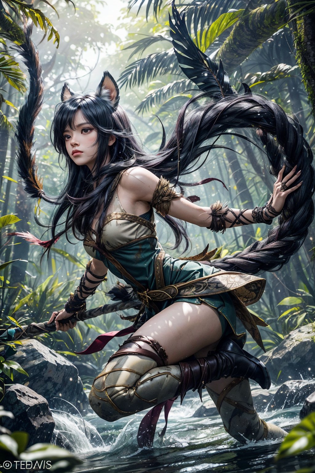 League of Legends - Detailed Description of Nidalee
Character Background
Nidalee is a wild huntress who lives deep in the jungle and possesses the ability to communicate with beasts. She is an excellent tracker, known for her agility and cunning. Nidalee has learned to utilize the environment and natural forces to track prey and defeat enemies in the wild, instilling awe in people for the power of wilderness and nature.

Appearance
Nidalee is a tall and slender female huntress with long golden hair and deep green eyes, symbolizing her wild nature. Her body is toned, radiating strength and agility, showcasing her hunting instincts in the jungle.

Outfit Description
Nidalee's attire blends primitive and wild elements, reflecting her identity as a huntress. She wears a lightweight outfit made of animal hides and wrapped plants, providing both camouflage and agility in the jungle.

Her shoulders and waist are adorned with rich animal bones and feathers, collected as trophies from her prey, while also serving as her respect and homage to the natural world. Her arms and legs are covered with simple leather wrist and knee guards, protecting her vital points in battle.

Nidalee wields a finely crafted bone spear, one of her primary weapons. The spear's tip glimmers with cold light, displaying its lethality and precision. She also carries a set of sharp claws, her close-range weapon in combat, capable of easily tearing through enemy defenses.

Weapons and Abilities
Nidalee's primary weapons are her bone spear and claws. She possesses powerful hunting skills, including Aspect of the Cougar and Primal Senses, enabling her to track and defeat any prey in the jungle. Her signature skill is "Javelin Toss," where she unleashes a deadly attack with her spear, repelling enemies and causing continuous damage.

Scene Description
Nidalee's scenes are typically set in jungles or wilderness, filled with wilderness and mystery. The background features dense forests, thick bushes, and rushing rivers, showcasing the power and grandeur of the natural world.

In these scenes, Nidalee roams through the forests, utilizing her hunting skills and wild instincts to track prey and defend her territory. Her figure moves gracefully among the trees, blending seamlessly with the environment as she searches for her next target.





