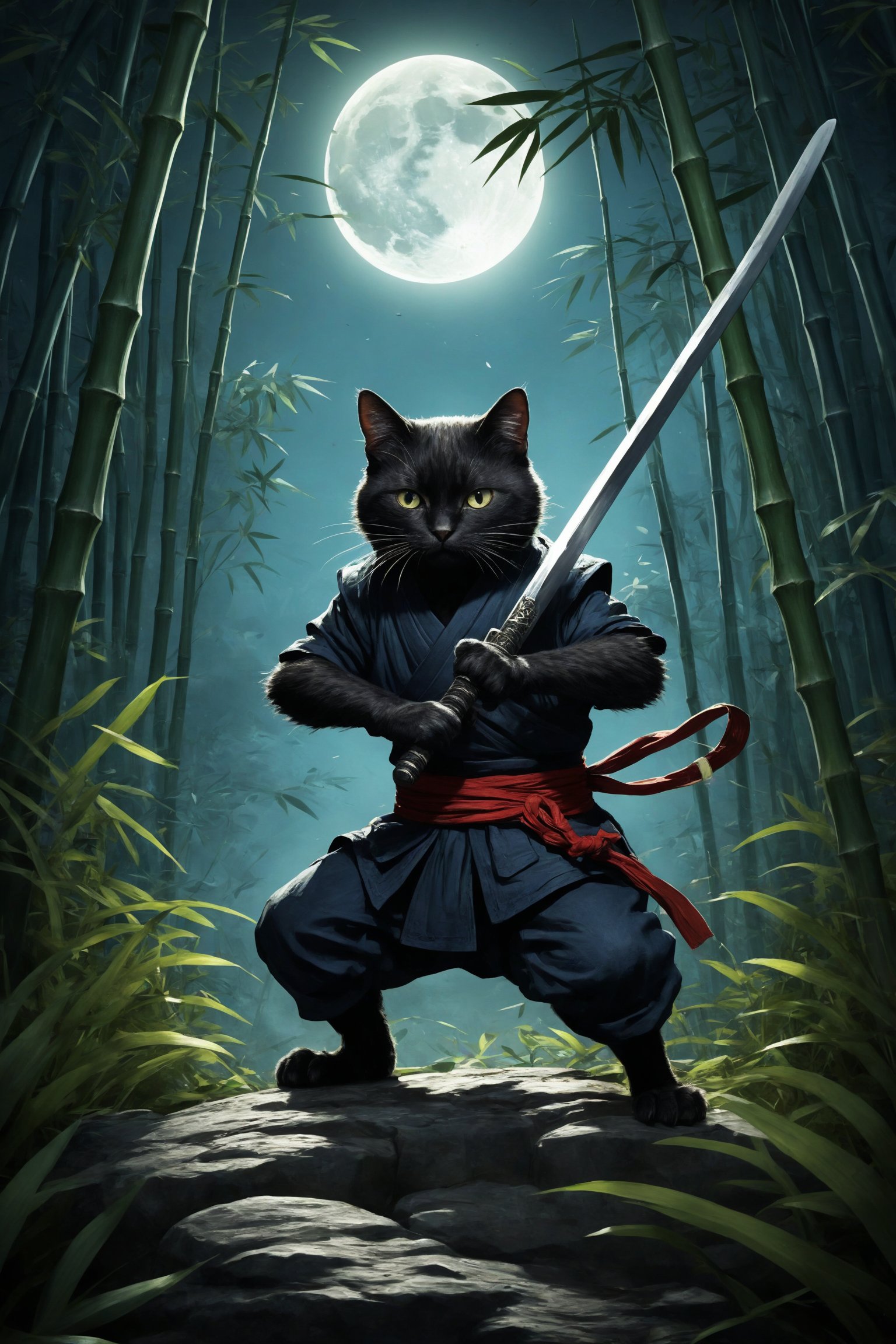 A ninja cat crouches, wielding a ninja sword, in a bamboo forest under moonlight.