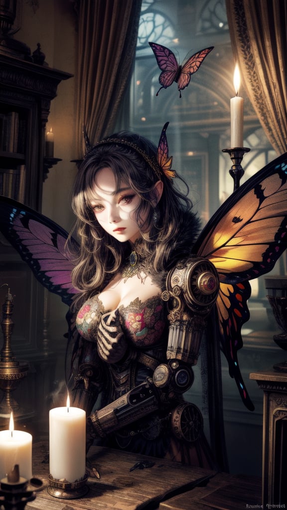 Steampunk Faery Girl,  Butterfly Wings, robot Cat, in a candle lit room ,STEAM PUNK