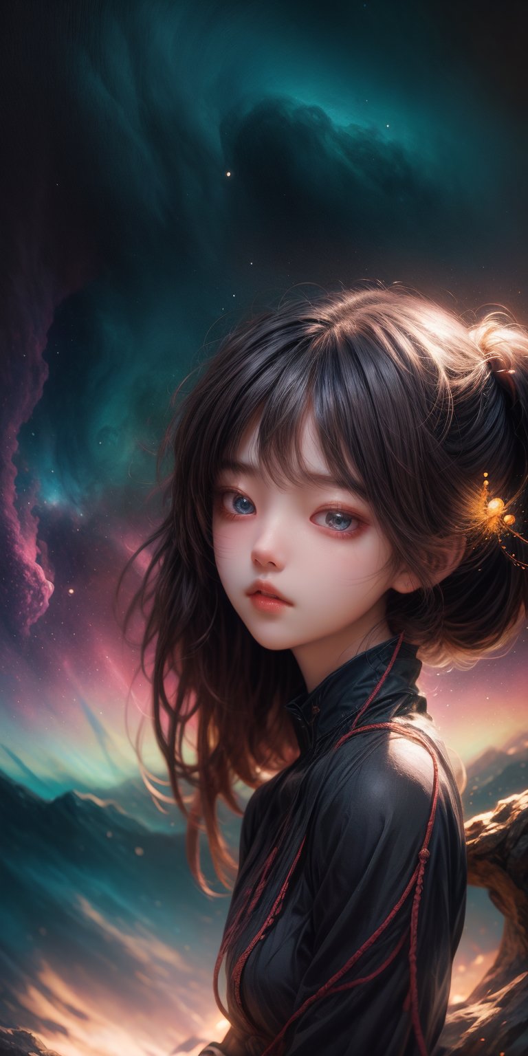 cute korean large-eyed girl, long pigtail,
the features of a girl with a perfect face, 
sitting, A silhouette of a calm giant girl, wearing nebula, is suspended in the air against a backdrop filled with nebula, 
masterpiece, best Quality, Tyndall effect, good composition, highly details, warm soft light, three-dimensional lighting, volume lighting, Film lighting, cinematic lighting

,
