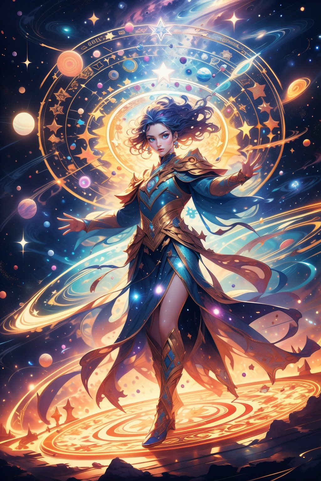 Generate a super exquisite image of a magical female warrior (supermodel). She stands on the magic circle of a six-pointed star, with her hands raised to cast strong magic, space background, magic special effects, light particles,Illustration,portrait,Fantasy,DonMM4g1c