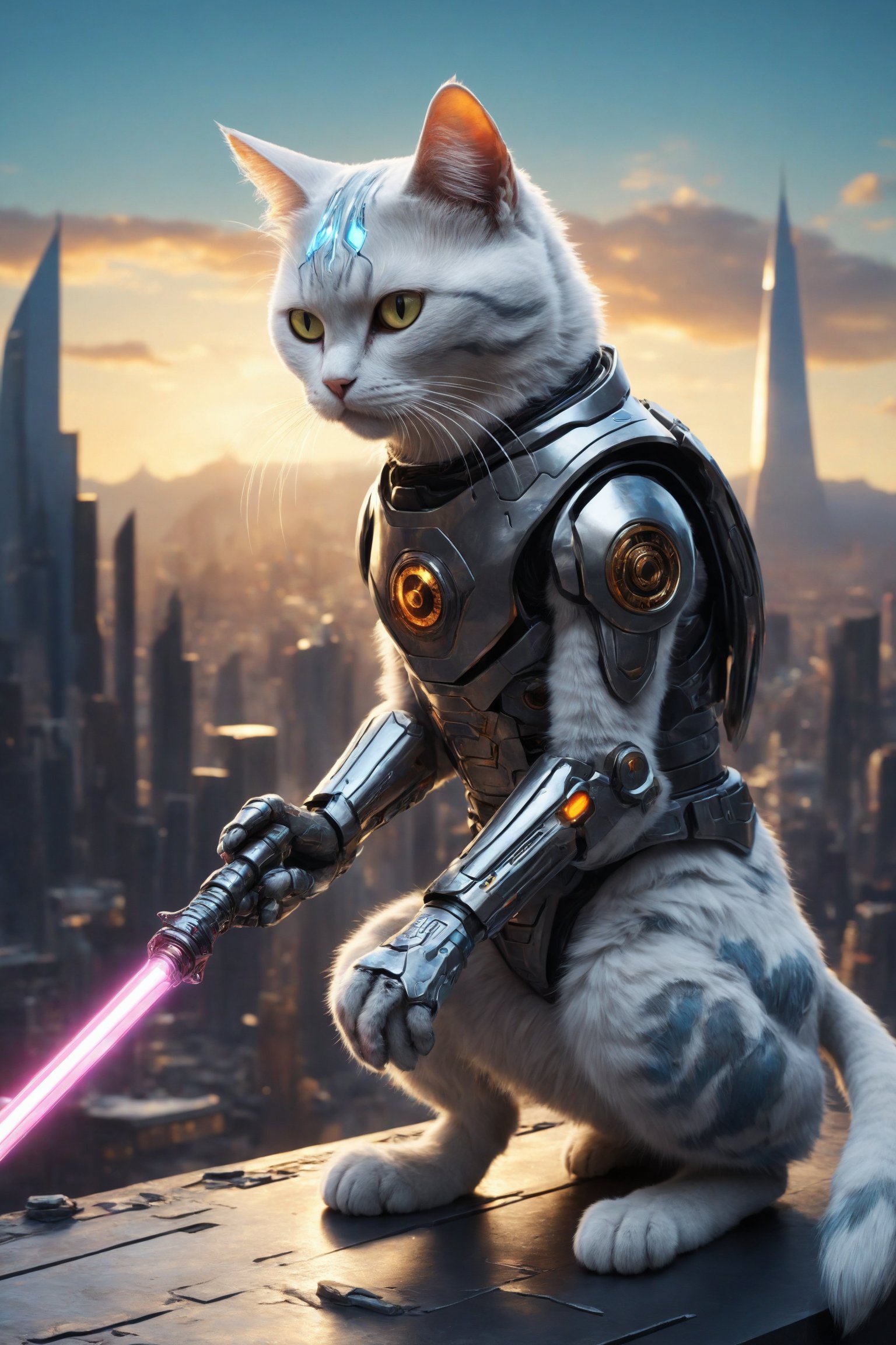 A cyborg cat polishes its metallic claws, wielding a laser sword against the skyline of a futuristic city.