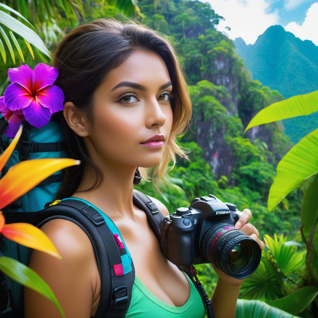 create an image of a half body close up portrait of a beautiful girl on a clift, with explorer gear, in a tropical forest, sourding by lotso of bright vivid glowing colorful flowers, from an elevated vantage point, observing a cluster of petite tropical islands adorned with towering summits, ultra HD, vivid color, hazey blue depth of field