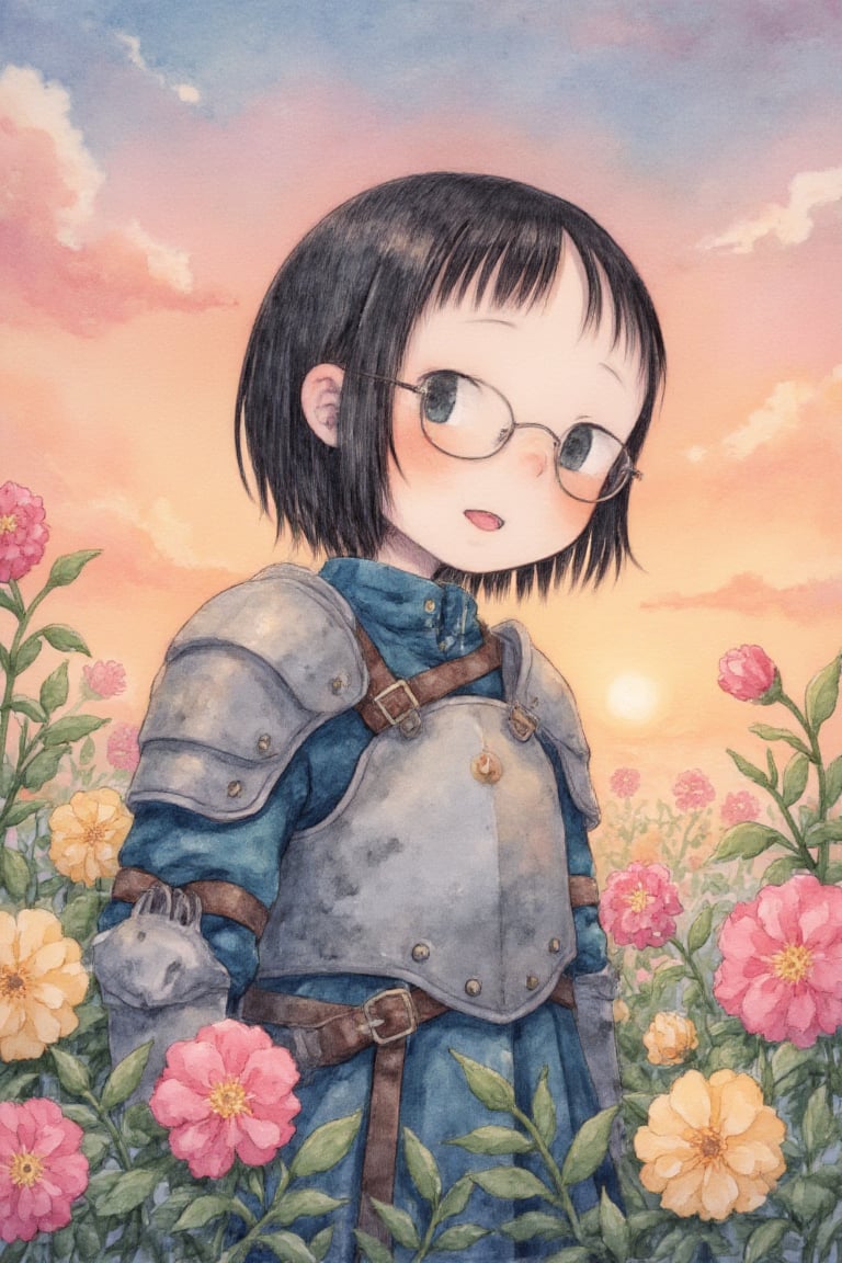 colorful, 1girl, 12 years old, cute, kawaii, smile, open mouth, plump, glasses, black hair, short hair, bangs, plate armor, portrait, upper body, looking at viewer, flower garden, sunset, fantastic, cinematic scene, detailed background, masterpiece, best quality, perfect anatomy, detailed eyes, ffstyle02