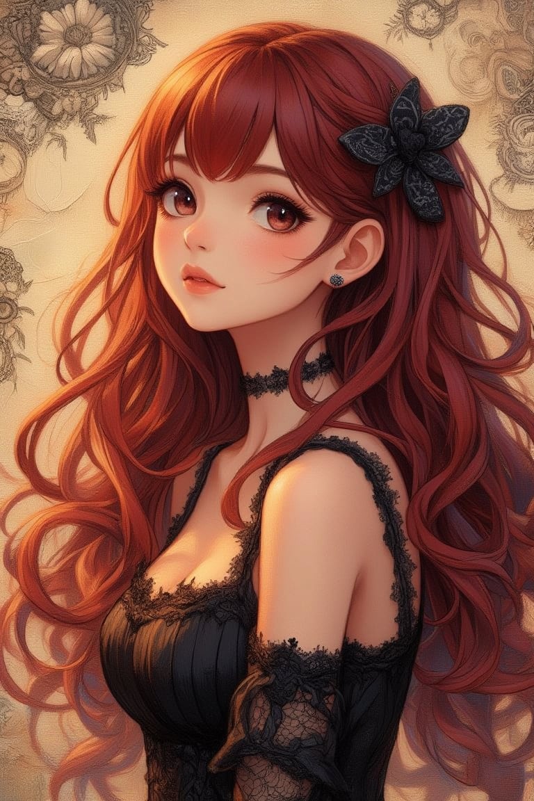 oil painting, beautiful woman, beautiful face, beautiful eyes, detailed eyes, beautiful skin, beautiful hair, delicate hair expression, red hair, long hair, long bangs, black vintage lace dress, portrait, looking at viewer, languid, abstract and fractal and zentangle background, Super cool, perfect detail, incredible detail, ultimate detail, detailed background, masterpiece, best quality, 8k, ultra-detailed, very clear, perfect anatomy, extremely stylish, The most fashionable