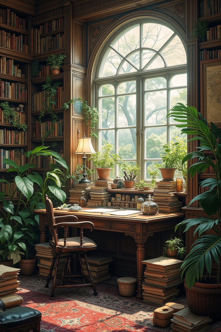 illustration, ink outline, fine detail rendered, color, A naturalist's study. On the desk are many papers, books, vials and small boxes. large chair. On the back wall is a large map of the world. There is a large bookshelf, filled to the brim with natural history books. There are large houseplants of a variety I have never seen before. The floor is carpeted with a wonderful pattern, and many books are stacked and scattered about, There is no one in this room, detailed background, fantastic, mysterious, perfect composition, (masterpiece:1.3), ((best quality, 8k, ultra-detailed, very clear)), The most fashionable