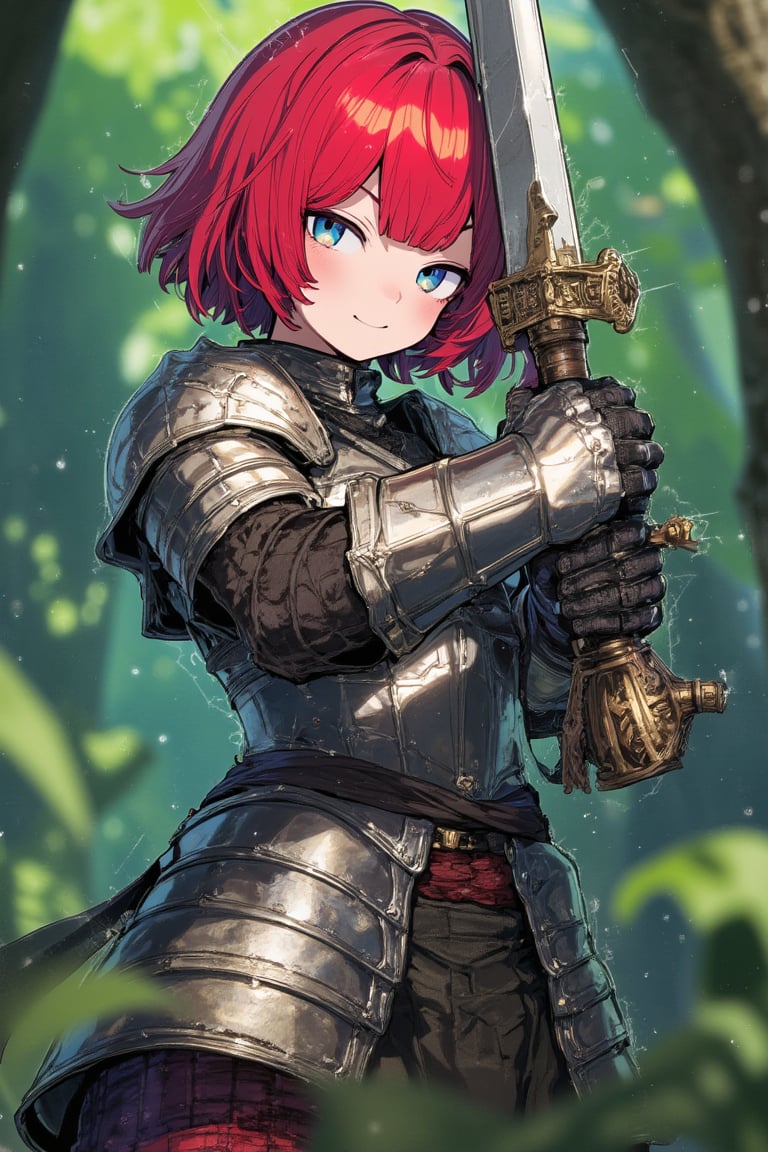 illustration, ink outline, fine detail rendered, the most fashionable, 1girl, adorable, cute, kawaii, standing, full body, holding a huge broadsword propped up on the ground, medieval plate armor, plate leggings, gauntlets, red hair, short hair, looking at viewer, realistic texture of used armor, forest, detailed background, fantastic, perfect composition, masterpiece, best quality, 8k, ultra-detailed, very clear, perfect anatomy, detailed eyes, anatomically correct hands, detailed hair, delicate hair expression, detailed eyes, beautiful face, beautiful eyes, MEDIEVAL ARMOR