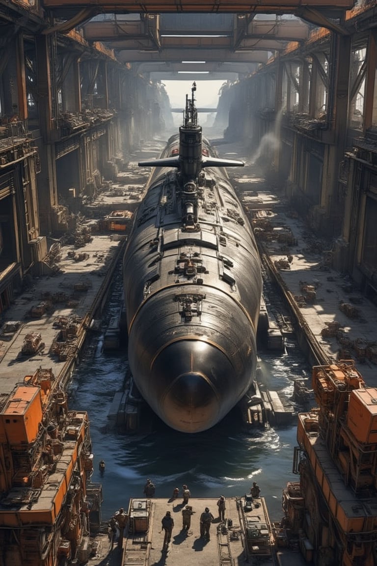 Illustration, box art, book cover art, a very large submarine under construction in the shipyard's huge dry dock, various types of large cranes are in operation at the dock, many workers, super cool, perfect detail, superb detail, incredible detail, ultimate detail, detailed background, dramatic composition, masterpiece, best quality, 8k, ultra-detailed, very clear