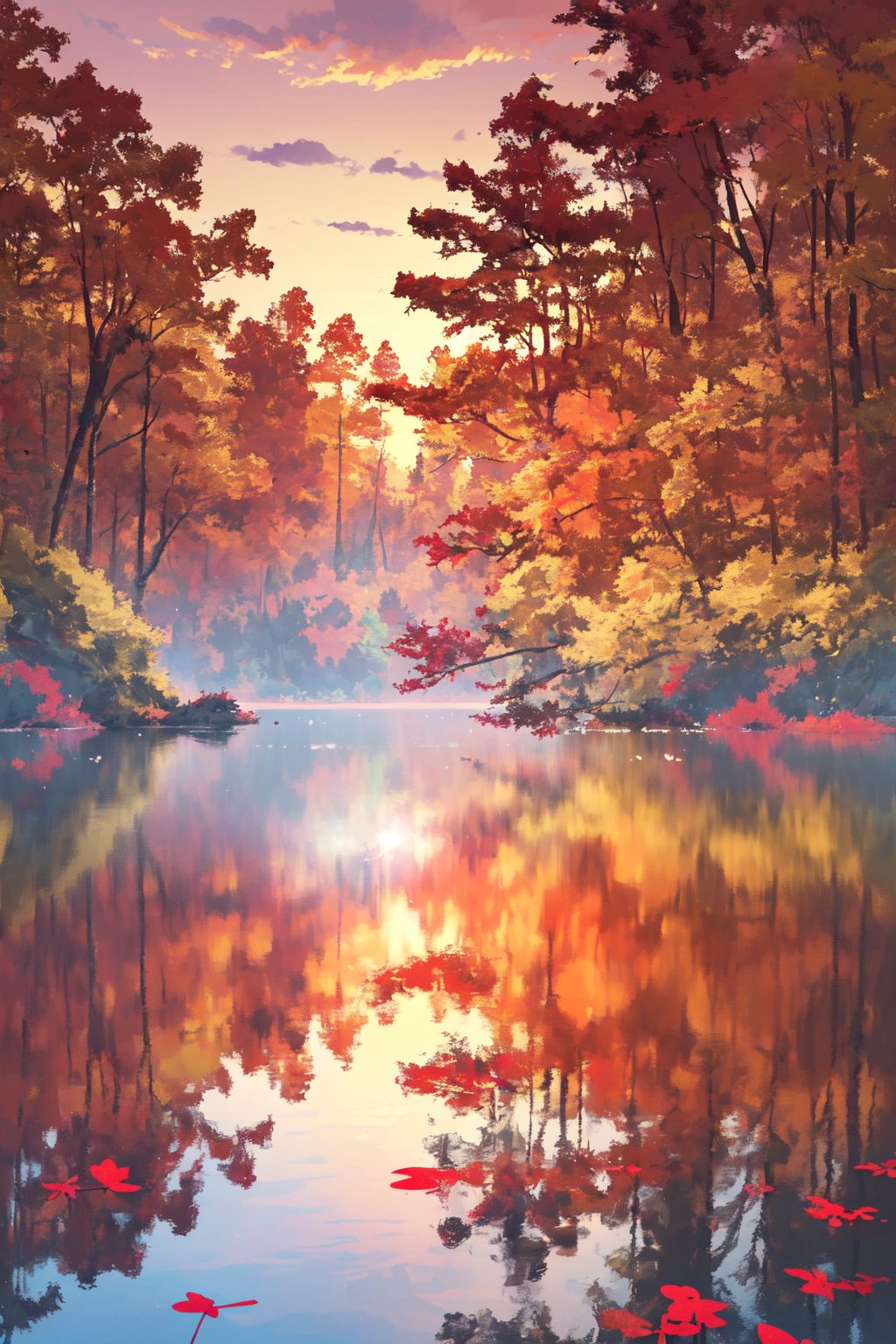 A lake located deep in a remote forest, The surface of the lake is quiet and beautiful, reflecting the red and yellow leaves of the surrounding trees and the bright red sunset, A moving autumn landscape, (masterpiece:1.3), (highest quality, 16k, ultra-detailed)