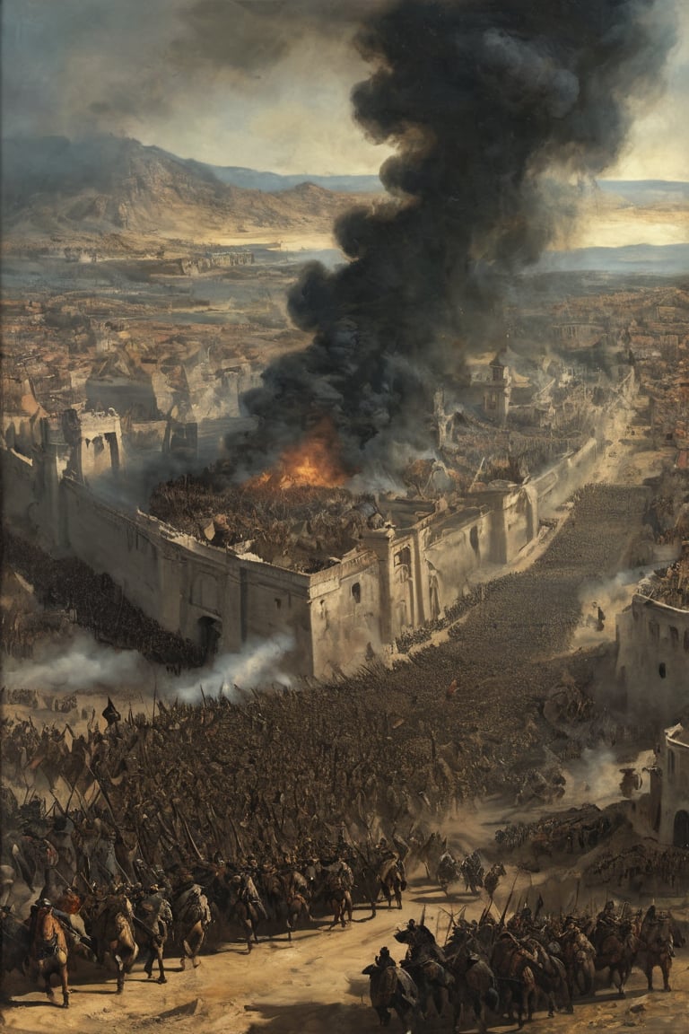 (masterpiece:1.3), Tens of thousands of enemy soldiers rush to the gates of the huge fortified city, Some of the gates have been breached, and several plumes of black smoke are rising from within, A magnificent sight. View from the sky, A grand and spectacular scene, ((highest quality, 16k, ultra-detailed))