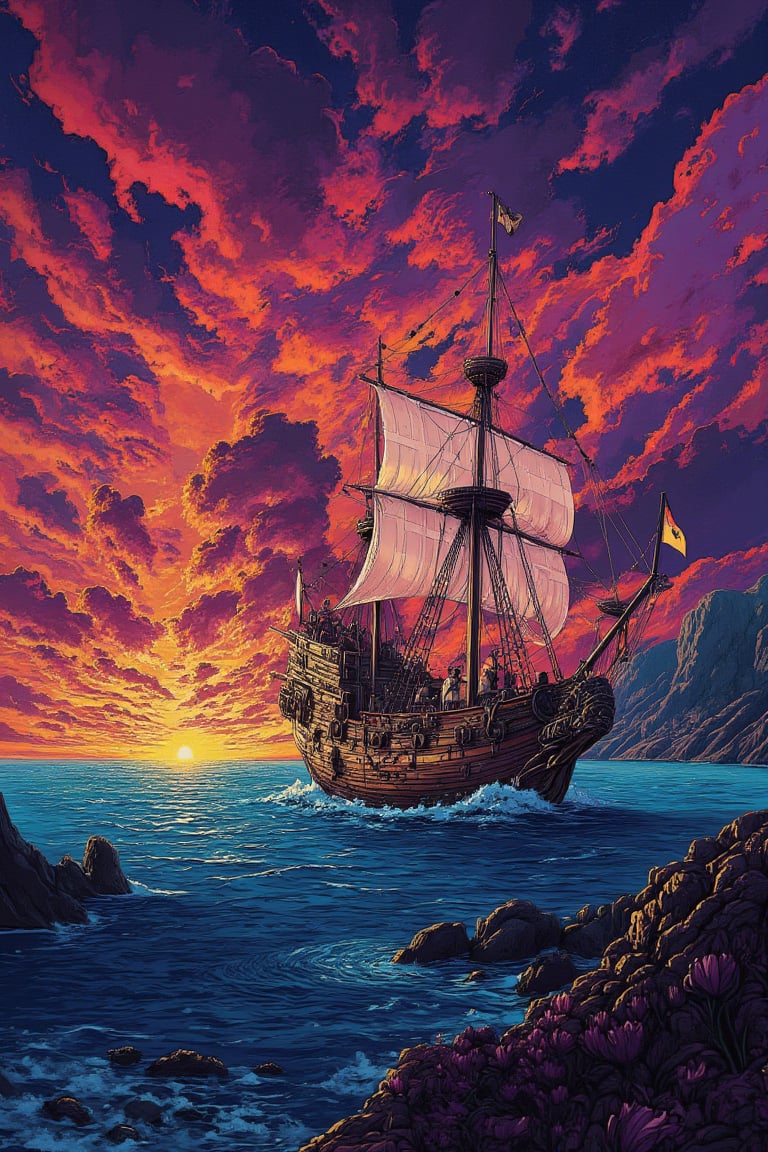 landscape, Illustration, vivid, colorful, A galleon navigating the calm ocean, sunset, dark, mysterious, detailed background, Katsuhiro Otomo style, superb detail, It must not be commonplace, Must have a very complex structure, Must have a very high degree of randomness, Must be an image that no one has ever seen before, It has to be very original, Must have tremendous detail, It has to be of the highest artistic quality, It has to be the ultimate, Failure is not an option, ((masterpiece, best quality, 8k, ultra-detailed, very clear))