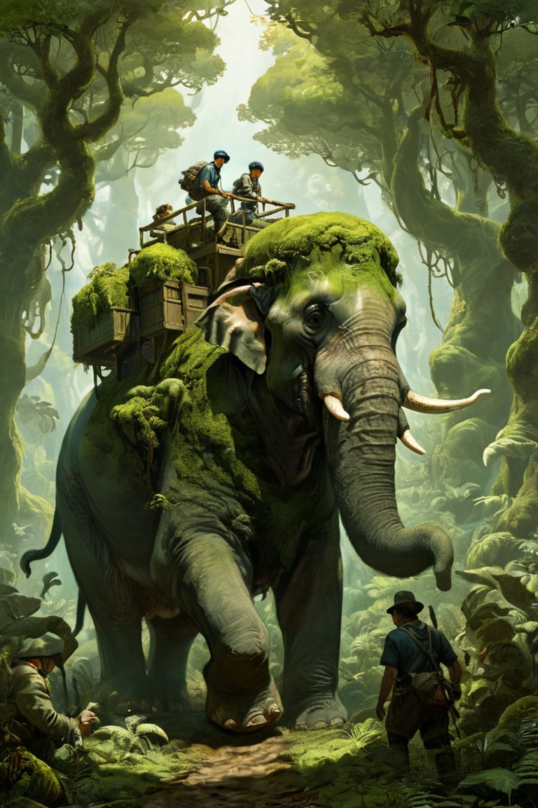 very clear and precise images, fantasy style, A giant beast carrying a traveler is moving slowly through a dense sea of ​​trees. The body of this gigantic elephant-like beast is covered in moss, indicating that it has lived for many years. On the back of the giant beast, there is a pile of equipment needed to continue the journey, (official illustration:1.4), (masterpiece:1.3), ((highest quality, 16k, ultra-detailed))