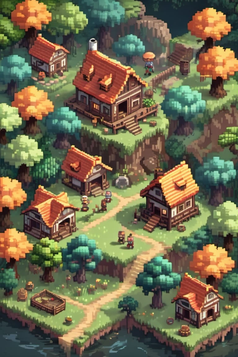 (masterpiece:1.3), best quality, game screenshot, pixel art game, rpg, village in the forest, cute character designs, many villagers, little animals, top view