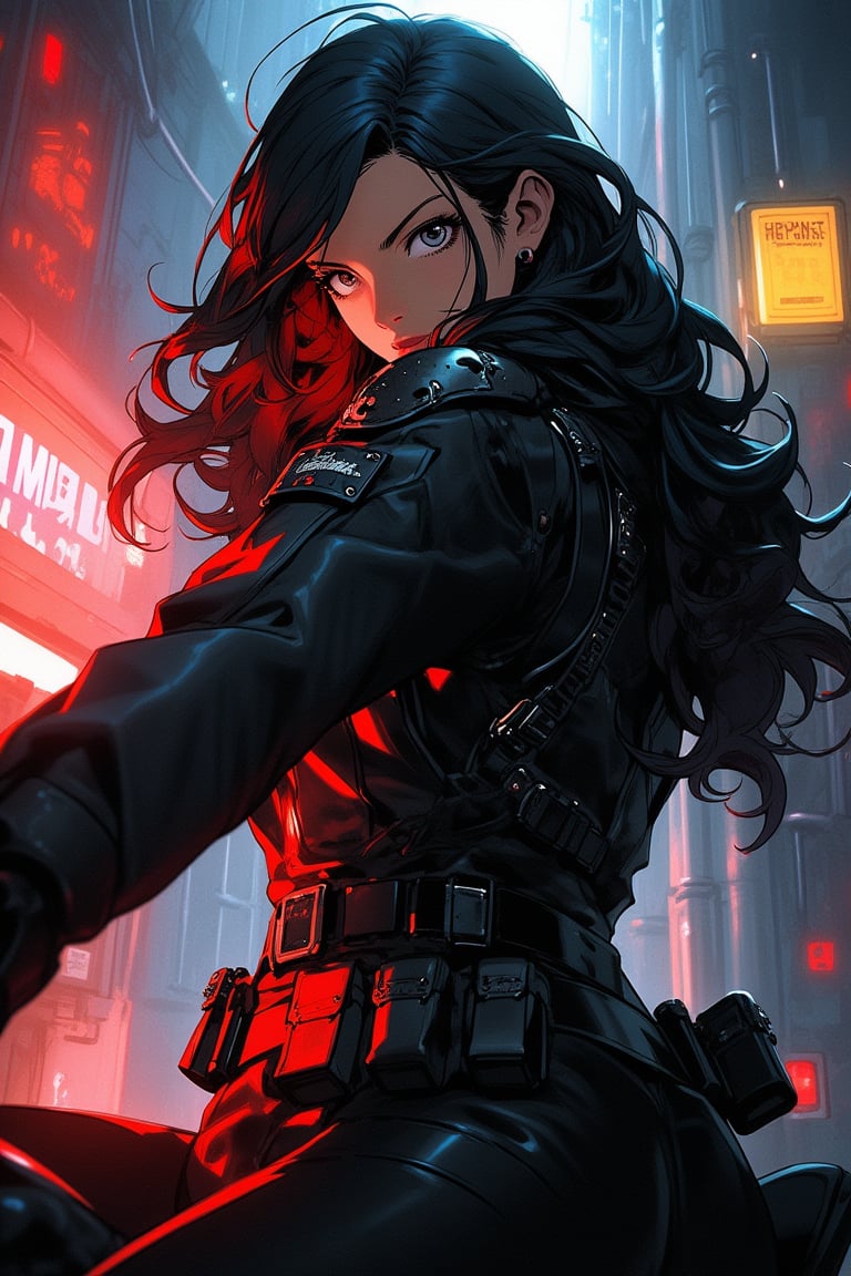 cyberpunk, 1girl, 24 years old, beautiful, riding a motorcycle, black hair, long hair, black leather jacket, leather pants, boots, city, sunset, after the rain, cinematic scene, dynamic angle, fantastic, mysterious, perfect detail, incredible detail, ultimate detail, detailed background, masterpiece, best quality, 16k, ultra-detailed, very clear, perfect anatomy, anatomically correct hands, detailed hair, delicate hair expression, detailed eyes, beautiful face, beautiful eyes