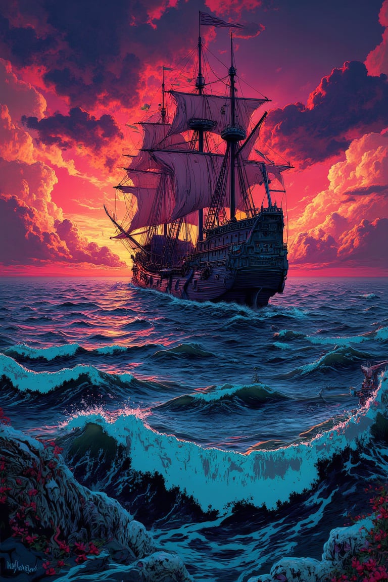 landscape, Illustration, vivid, colorful, A galleon navigating the calm ocean, sunset, dark, mysterious, detailed background, Katsuhiro Otomo style, superb detail, It must not be commonplace, Must have a very complex structure, Must have a very high degree of randomness, Must be an image that no one has ever seen before, It has to be very original, Must have tremendous detail, It has to be of the highest artistic quality, It has to be the ultimate, Failure is not an option, ((masterpiece, best quality, 8k, ultra-detailed, very clear))