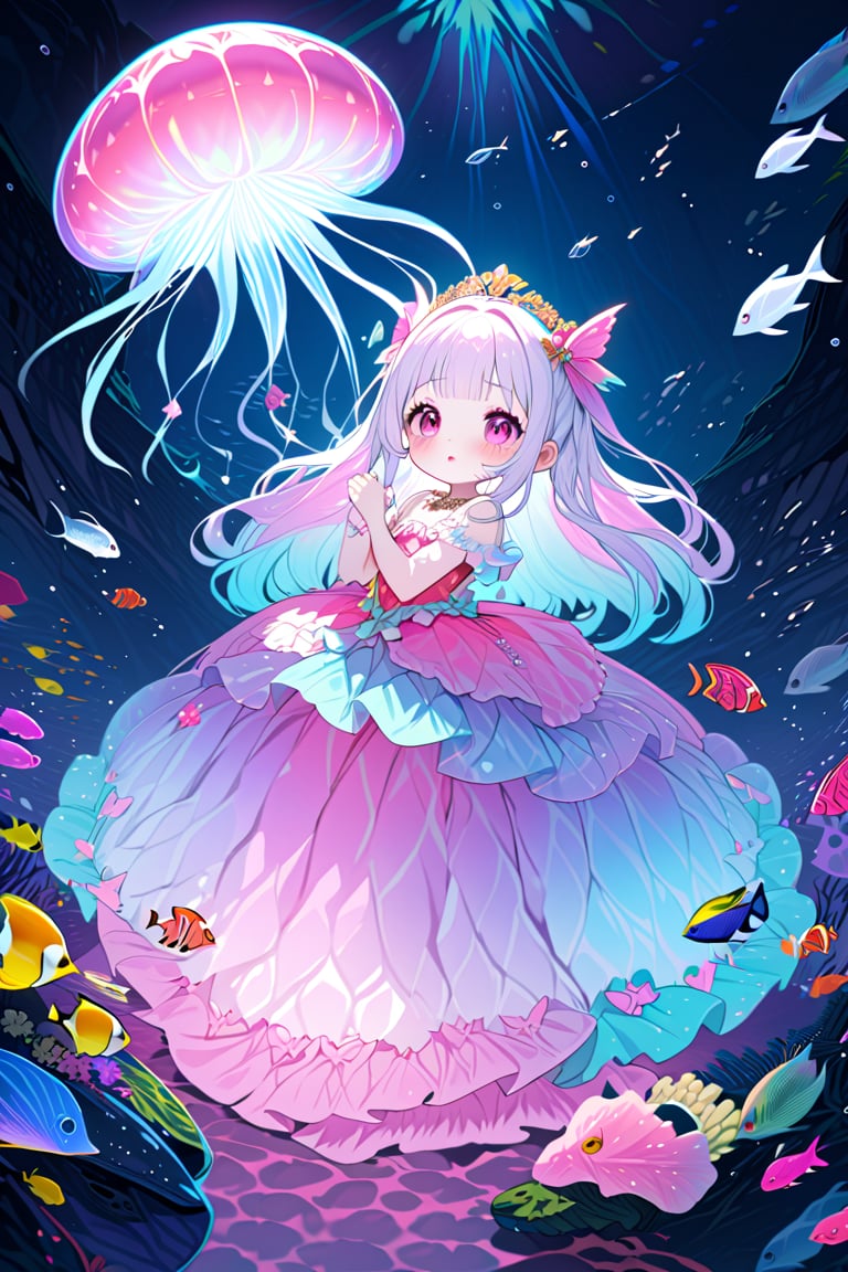 a mermaid princess, (ultimately adorable:1.4), (incredibly cute:1.4), (super kawaii:1.4), (horror style), sad, full body, under the sea, (tropical fishes), (glowing jellyfish), mysterious, fantastic, (masterpiece:1.3), ((highest quality, 8k, ultra-detailed, very clear)), perfect anatomy, anatomically correct hands, very clear and precise images