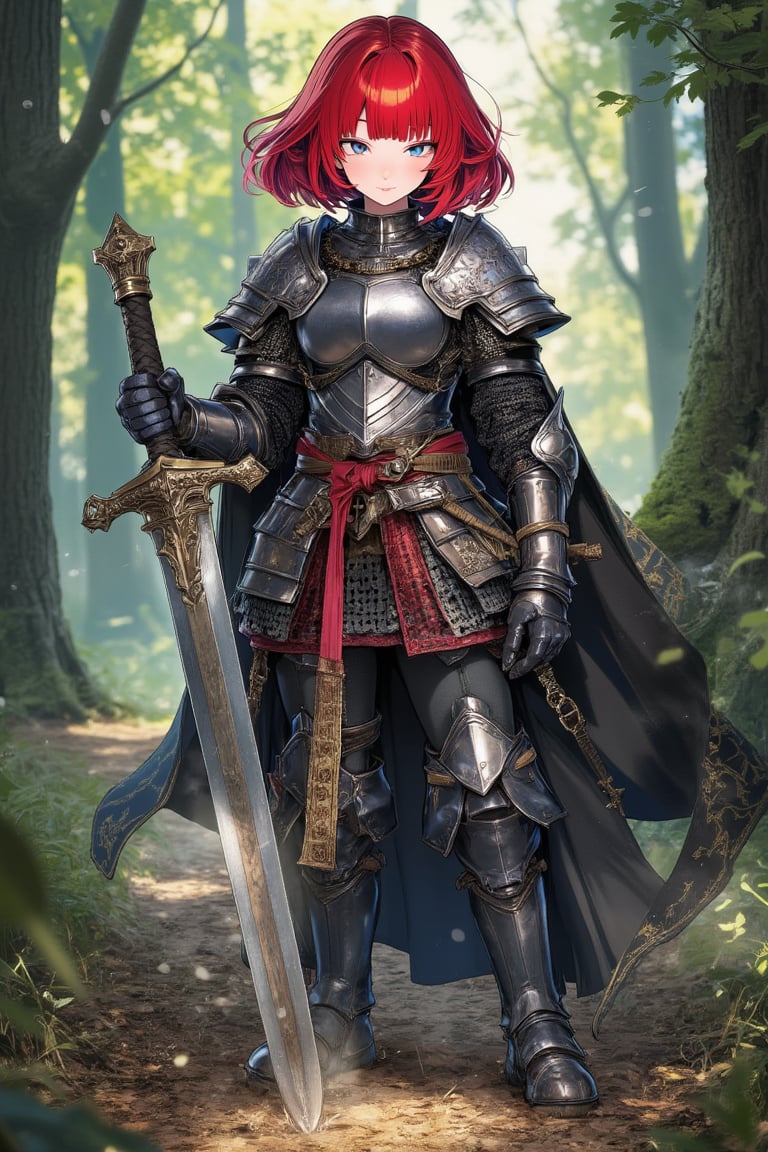 illustration, ink outline, fine detail rendered, the most fashionable, 1girl, adorable, cute, kawaii, standing, full body, holding a huge broadsword propped up on the ground, medieval plate armor, plate leggings, gauntlets, red hair, short hair, looking at viewer, realistic texture of used armor, forest, detailed background, fantastic, perfect composition, masterpiece, best quality, 8k, ultra-detailed, very clear, perfect anatomy, detailed eyes, anatomically correct handsrs, detailed hair, delicate hair expression, detailed eyes, beautiful face, beautiful eyes, MEDIEVAL ARMOR