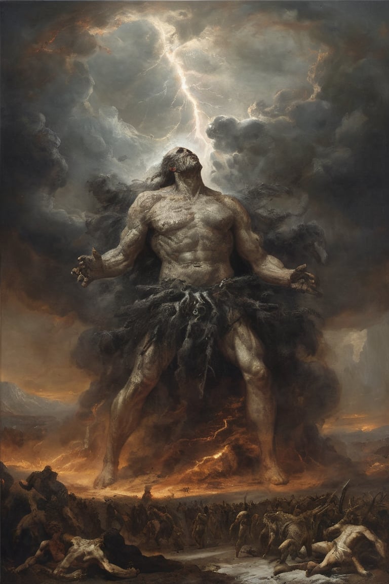 (masterpiece:1.3), perfect anatomy, The battle between people and a giant devill. The final battle between mankind and the devill, Swirling thunderclouds, Roaring thunder, A shimmering flash, The black smoke billowing out, Many corpses lie on the ground, A grand and spectacular scene, ((highest quality, 16k, ultra-detailed))