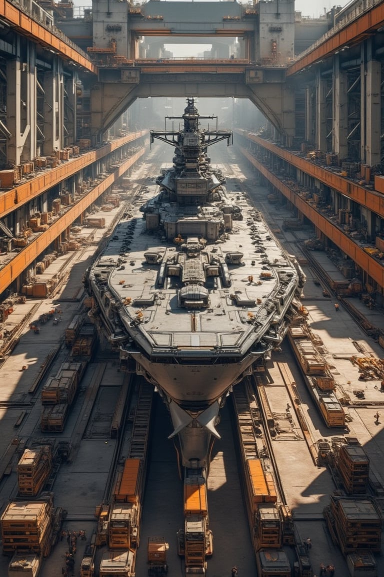 Illustration, box art, book cover art, a supersized aircraft carriers under construction in the shipyard's huge dry dock, various types of large cranes are in operation at the dock, many workers, super cool, perfect detail, superb detail, incredible detail, ultimate detail, detailed background, dramatic composition, masterpiece, best quality, 8k, ultra-detailed, very clear