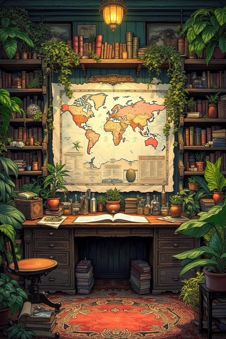 illustration, ink outline, fine detail rendered, color, A naturalist's study. On the desk are many papers, books, vials and small boxes. On the back wall is a large map of the world. There is a large bookshelf, filled to the brim with natural history books. There are large houseplants of a variety I have never seen before. The floor is carpeted with a wonderful pattern, and many books are stacked and scattered about, There is no one in this room, detailed background, fantastic, mysterious, perfect composition, (masterpiece:1.3), ((best quality, 8k, ultra-detailed, very clear)), The most fashionable