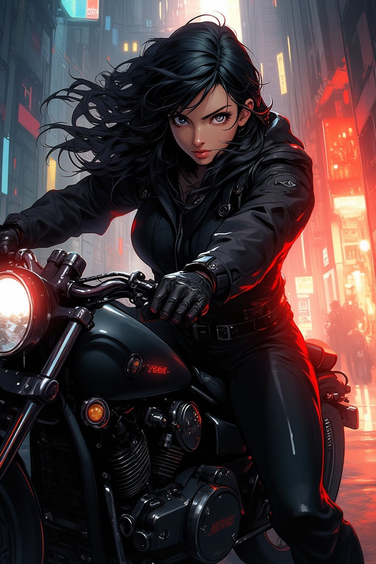 cyberpunk, 1girl, 24 years old, beautiful, riding a motorcycle, black hair, long hair, black leather jacket, leather pants, boots, city, sunset, after the rain, cinematic scene, fantastic, mysterious, perfect detail, incredible detail, ultimate detail, detailed background, masterpiece, best quality, 16k, ultra-detailed, very clear, perfect anatomy, anatomically correct hands, detailed hair, delicate hair expression, detailed eyes, beautiful face, beautiful eyes