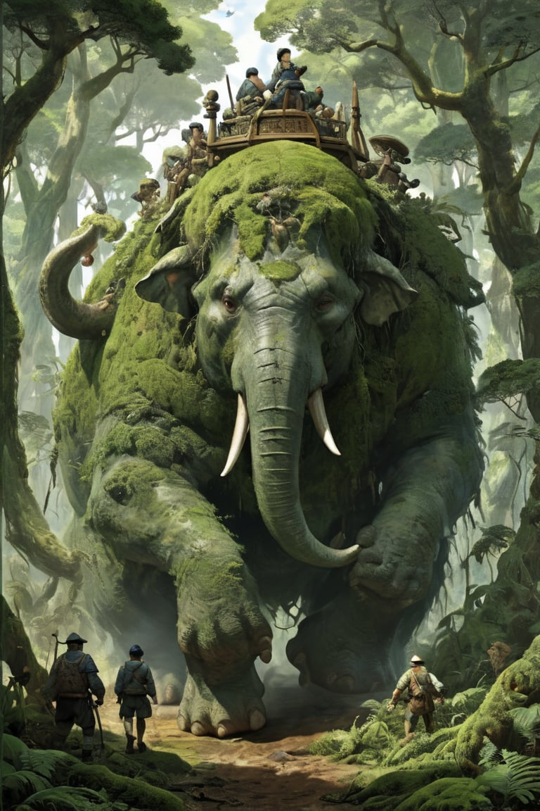 very clear and precise images, isekai, (A giant beast carrying a traveler is moving slowly through a dense sea of ​​trees), The body of this gigantic elephant-like beast is covered in moss, indicating that it has lived for many years, On the back of the giant beast, there is a pile of equipment needed to continue the journey, (official illustration:1.4), (masterpiece:1.3), ((highest quality, 16k, ultra-detailed)), perfect anatomy