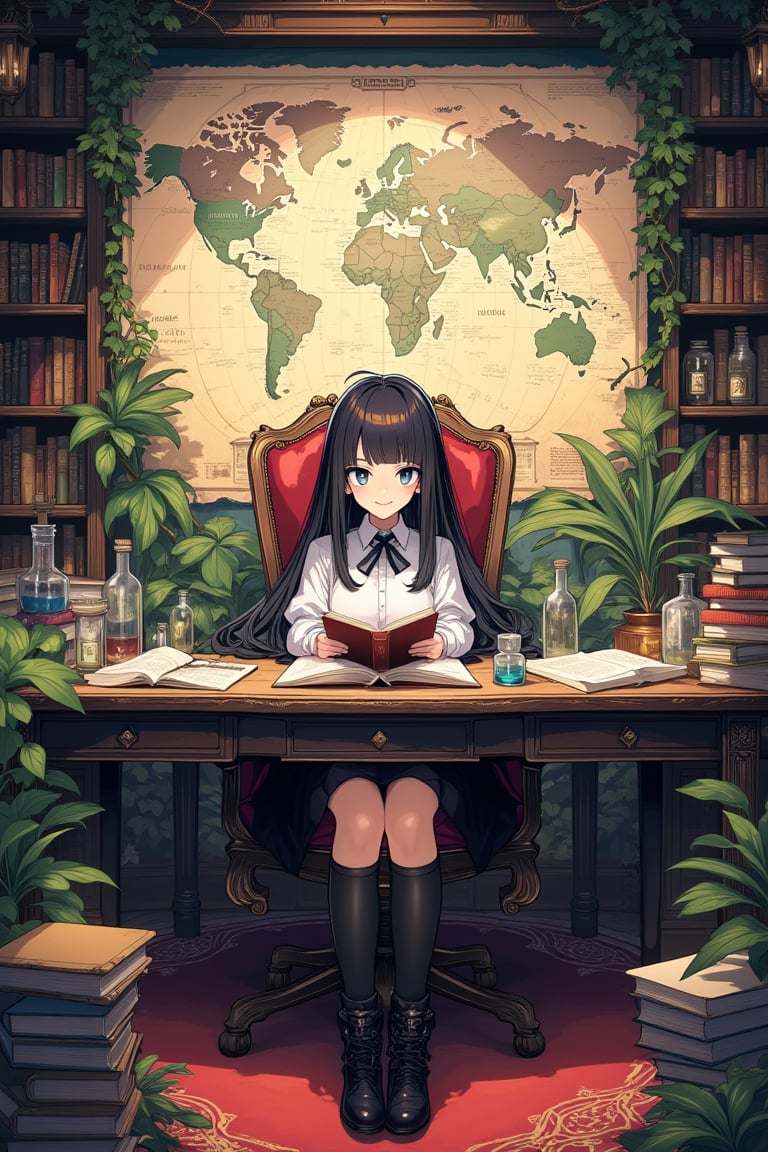 illustration, ink outline, fine detail rendered, color, A cute girl with long black hair is looking at viewer with a smile. She is sitting on a large chair, book in her hands. On the desk are many papers, books, vials and small boxes. On the back wall is a large map of the world. There is a large bookshelf, filled to the brim with natural history books. There are large houseplants of a variety I have never seen before. The floor is carpeted with a wonderful pattern, and many books are stacked and scattered about, white blouse, black skirt, boots, stunningly crafted ornaments, detailed background, fantastic, mysterious, perfect composition, , (masterpiece:1.2), ((best quality, 8k, ultra-detailed, very clear)), perfect anatomy, anatomically correct hands, detailed hair, delicate hair expression, detailed eyes, beautiful face, beautiful eyes, extremely stylish, The most fashionable