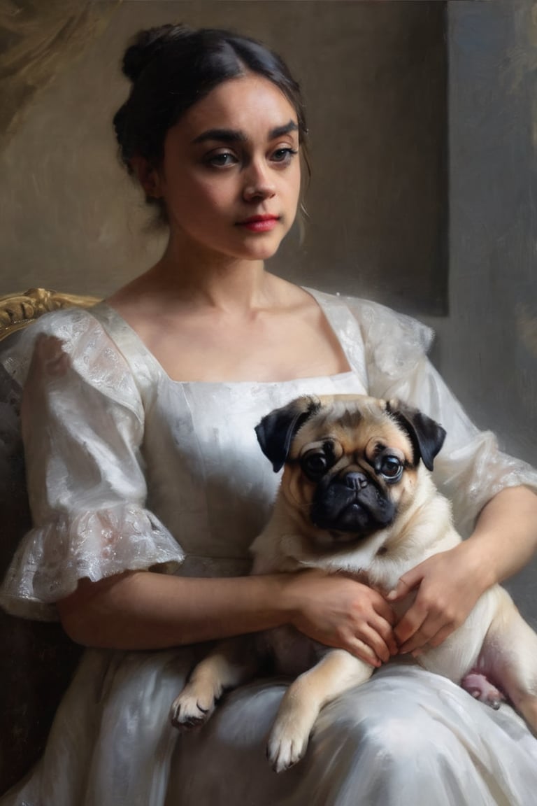 (masterpiece:1.3), best quality, 8k, ultra-detailed, a girl with small pug dog in arms, portrait, white dress, sitting, dramatic representation of light and shadow, looking at viewer
