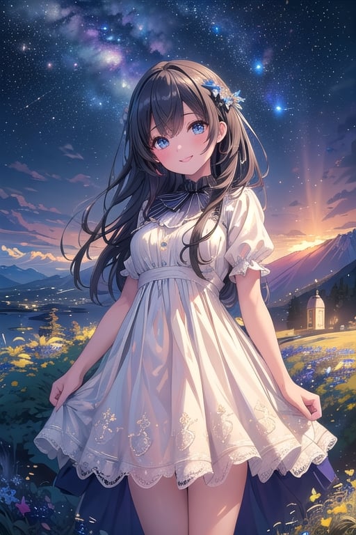 (masterpiece:1.4), ((best quality, 8k, ultra-detailed, photo realistic)), raw photo, beautiful face, detailed eyes, detailed skin, 1girl, smiling, standing, white dress, observatory at the top of the hill, midnight, beautiful Milky Way in the night sky, perfect lighting, dramatic shadows, ultimate composition, commemorative photo