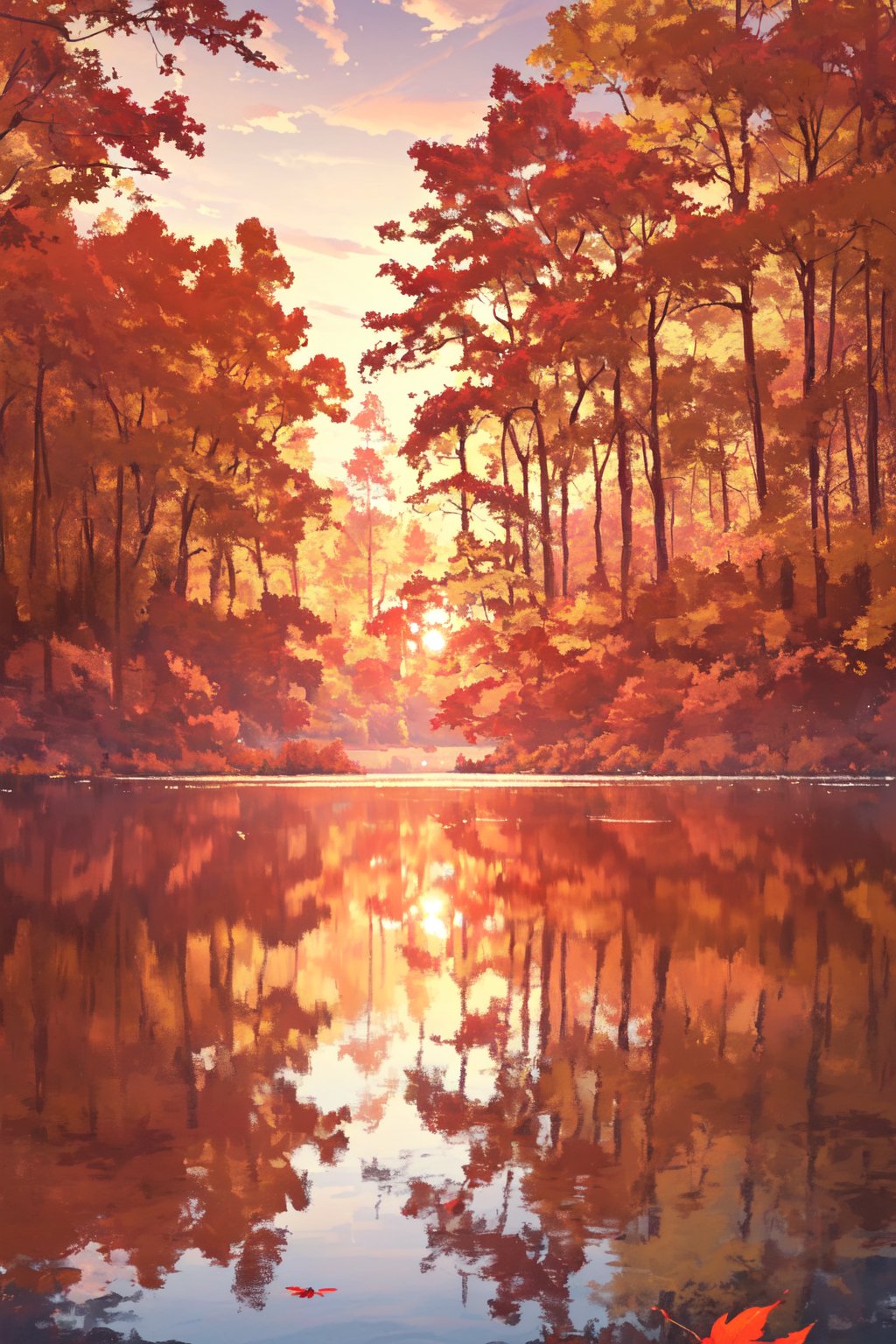 The lake is located in a deep forest in the middle of nowhere, The surface of the lake is quiet and beautiful, reflecting the red and yellow leaves of the surrounding trees and the bright red setting sun, It is an inspiring autumn scene, (masterpiece:1.3), (highest quality, 16k, ultra-detailed)