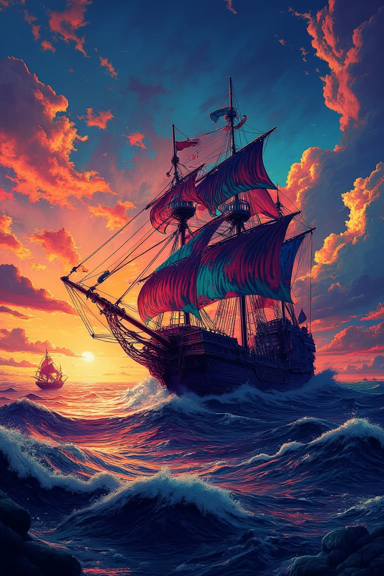 landscape, Illustration, vivid, colorful, A galleon navigating the calm ocean, sunset, dark, mysterious, detailed background, Katsuhiro Otomo style, superb detail, It must not be commonplace, Must have a very complex structure, Must have a very high degree of randomness, Must be an image that no one has ever seen before, It has to be very original, Must have tremendous detail, It has to be of the highest artistic quality, It has to be the ultimate, Failure is not an option, ((masterpiece, best quality, 8k, ultra-detailed, very clear))