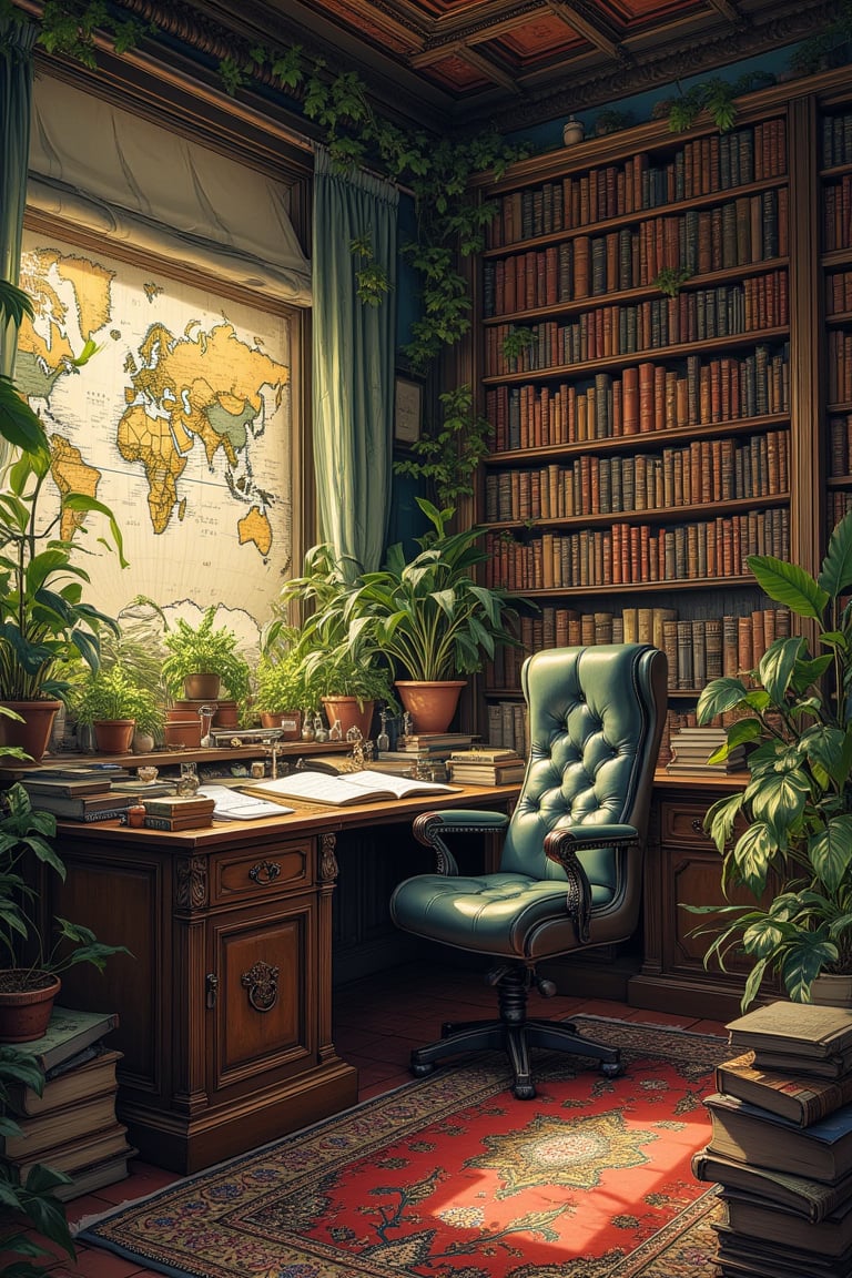 illustration, ink outline, fine detail rendered, color, A naturalist's study. On the desk are many papers, books, vials and small boxes. large antique chair. On the back wall is a large map of the world. There is a large bookshelf, filled to the brim with natural history books. There are large houseplants of a variety I have never seen before. The floor is carpeted with a wonderful pattern, and many books are stacked and scattered about, There is no one in this room, detailed background, fantastic, mysterious, perfect composition, (masterpiece:1.3), ((best quality, 8k, ultra-detailed, very clear)), The most fashionable