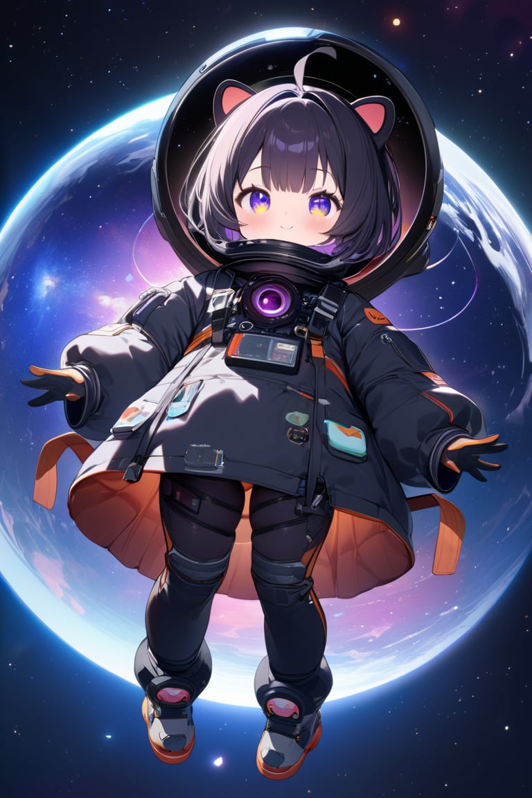 (a girl from black hole), (ultimately adorable:1.4), (incredibly cute:1.4), (super kawaii:1.4), spacesuit, full body, beautiful galaxies and countless stars, (masterpiece:1.3), ((highest quality, 8k, ultra-detailed)), perfect anatomy, detailed eyes, anatomically correct hands, very clear and precise images