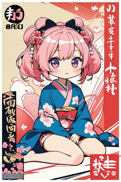 very clear and precise images, 1girl, (chibi:1.3), (kawaii:1.3), kimono, sitting, arms at sides, (Japanese style), (art poster:1.4), (artistic background:1.4), (illustration:1.4), (masterpiece:1.3), ((top quality, 8k, ultra-detailed)), perfect anatomy, looking at viewer