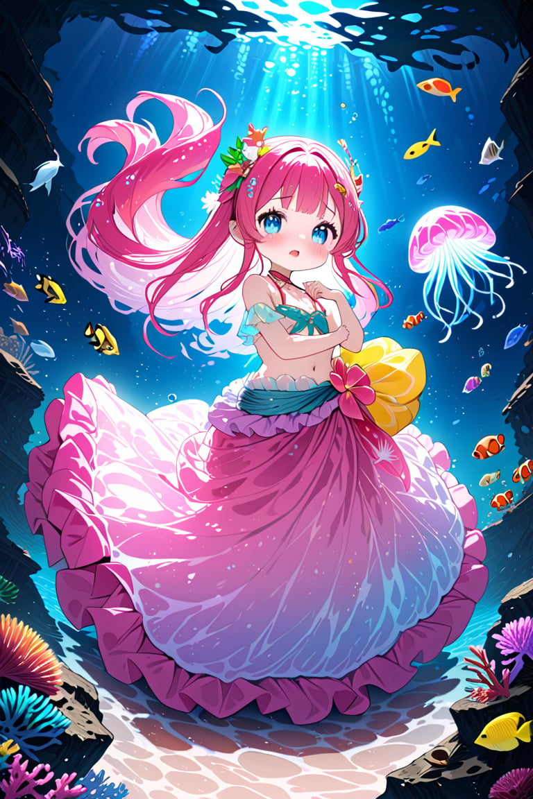 a mermaid princess, (ultimately adorable:1.4), (incredibly cute:1.4), (super kawaii:1.4), (horror style), sad, bikini, sarong, full body, under the sea, (tropical fishes), (glowing jellyfish), mysterious, fantastic, (masterpiece:1.3), ((highest quality, 8k, ultra-detailed, very clear)), perfect anatomy, anatomically correct hands, very clear and precise images, monster girl