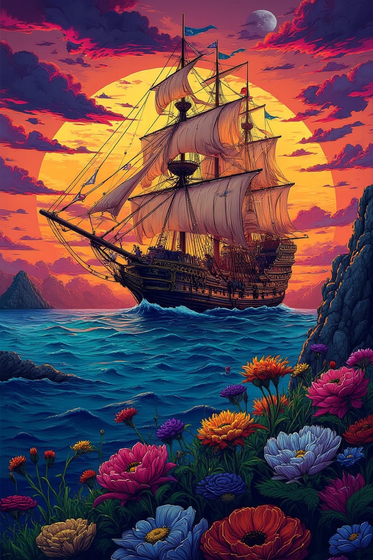 landscape, Illustration, vivid, colorful, A galleon navigating the calm ocean, sunset, dark, mysterious, detailed background, Katsuhiro Otomo style, superb detail, It must not be commonplace, Must have a very complex structure, Must have a very high degree of randomness, Must be an image that no one has ever seen before, It has to be very original, Must have tremendous detail, It has to be of the highest artistic quality, It has to be the ultimate, Failure is not an option, ((masterpiece, best quality, 8k, ultra-detailed, very clear))