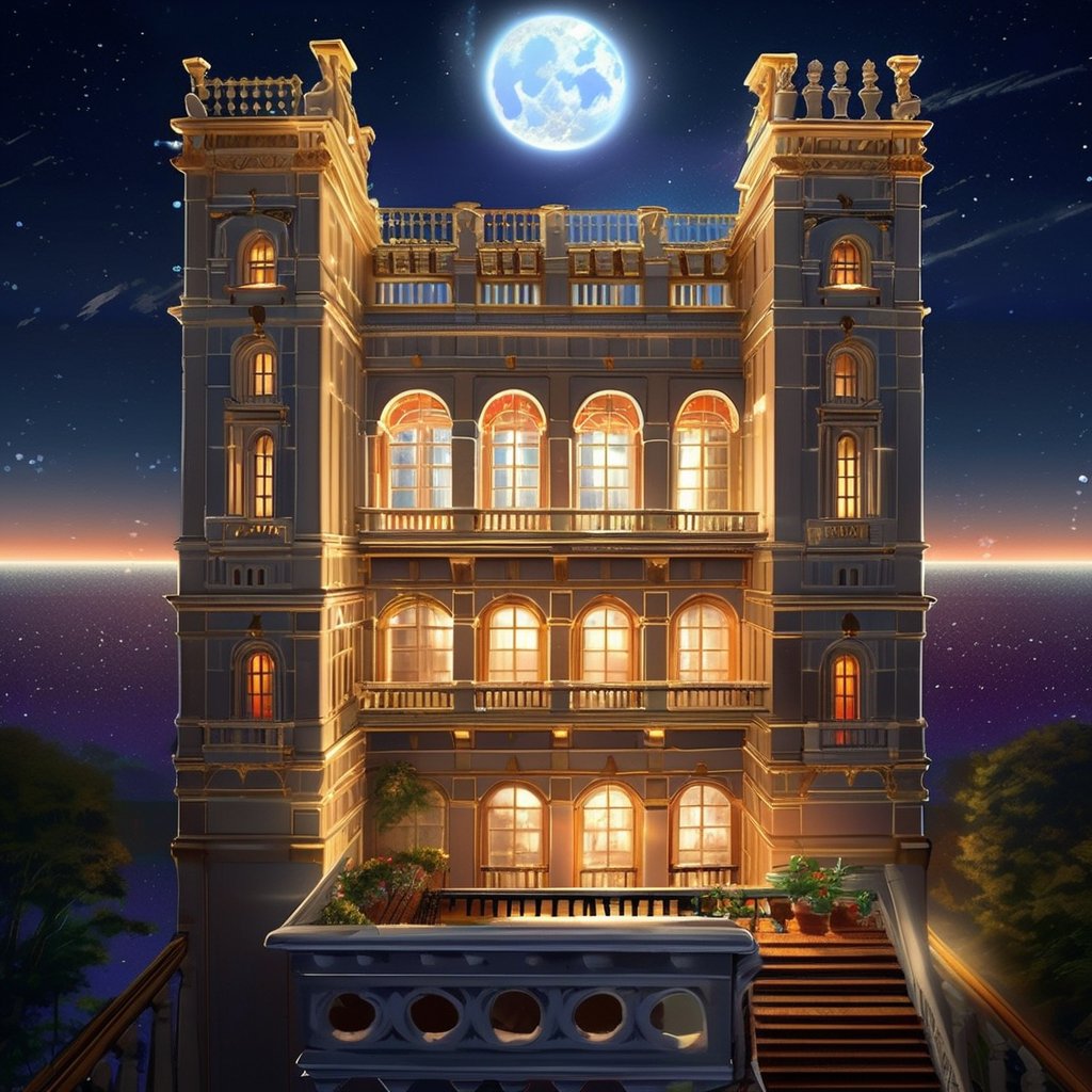 (beautiful digital art),(beautiful concept art),(realistic),(beautiful Fantasy illustration), (absurdres), (highly detailed),
((An open balcony) leading to a large room on a high floor of a magnificent palace), From the balcony, a crescent moon floats, the stars twinkle, and a beautiful night sky spreads out,(There is no obstruction to the view around the balcony,)The entire castle is built of dense white bricks, giving it a solid and majestic appearance,(from back),(wide view),