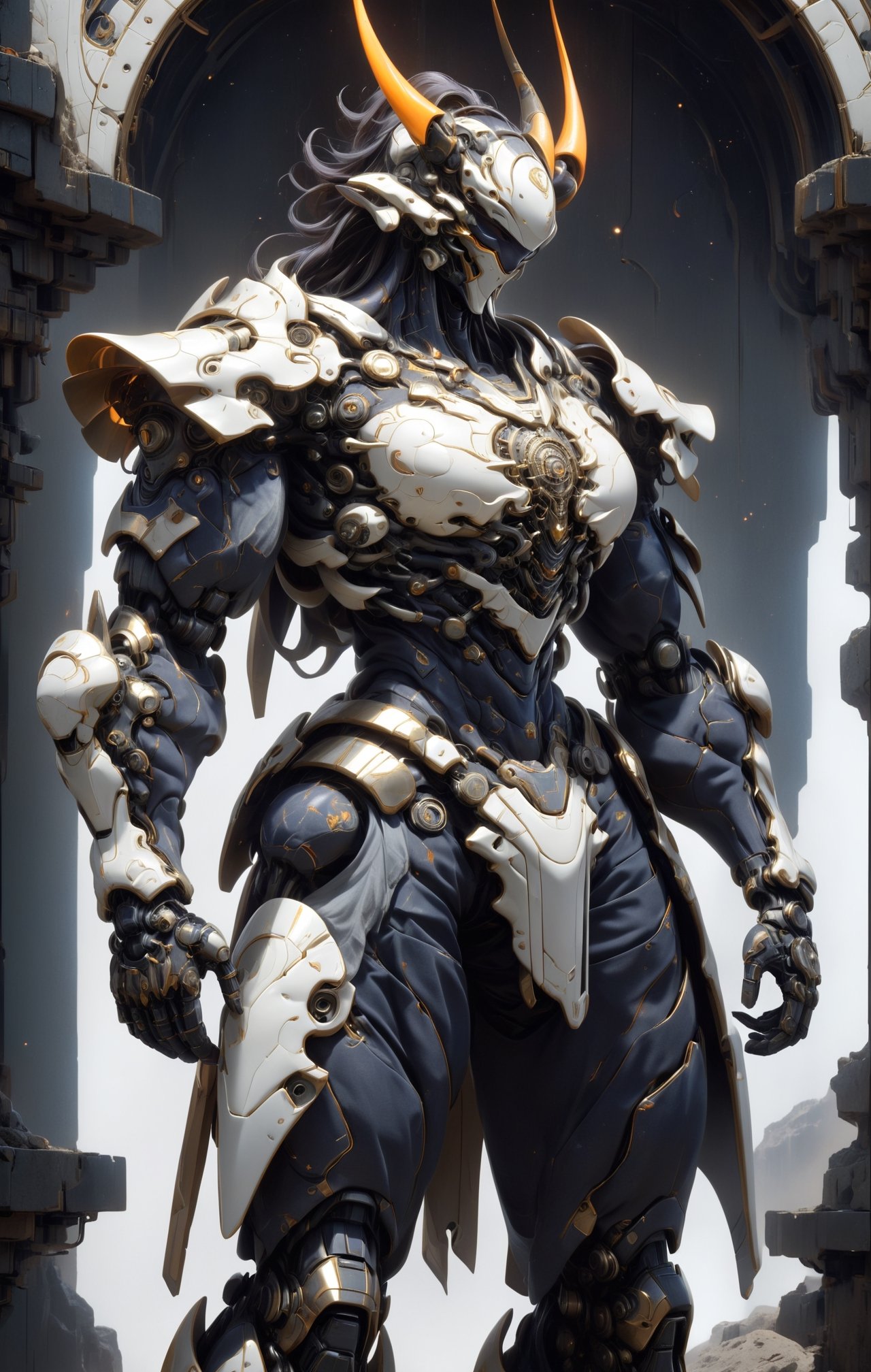 Create image of a futuristic, biomechanical warrior standing majestically. The figure is predominantly ivory and metallic black with golden-glowing intricate patterns resembling circuitry across the body. Style is detailed and hyper-realistic, textures suggesting both organic and synthetic materials. The warrior's armor is highly ornamental and segmented, comprising layered plate-like structures with curvilinear edges and sharp spikes. The helmet features elongated, horn-like protrusions that arch backwards and taper to fine points, with a V-shaped visor that obscures the eyes, emitting an orange glow. Proportions are heroic, slightly elongated and exaggerated, with broad shoulders and a tapered waist, creating an imposing presence. The armor's design is anatomical, with each piece following the form of the muscles beneath. The background is a deep space scene, predominantly black with soft white star highlights, providing contrast that emphasizes the figure. There are subtle nebulas with faint hints of blue and purple, adding depth but not distracting from the main subject. The foreground focuses on the figure, with no additional elements to challenge the dominance of the warrior. Light sources seem to come from multiple directions, creating dynamic lighting which accentuates the textures and details of the armor, especially the glowing patterns.