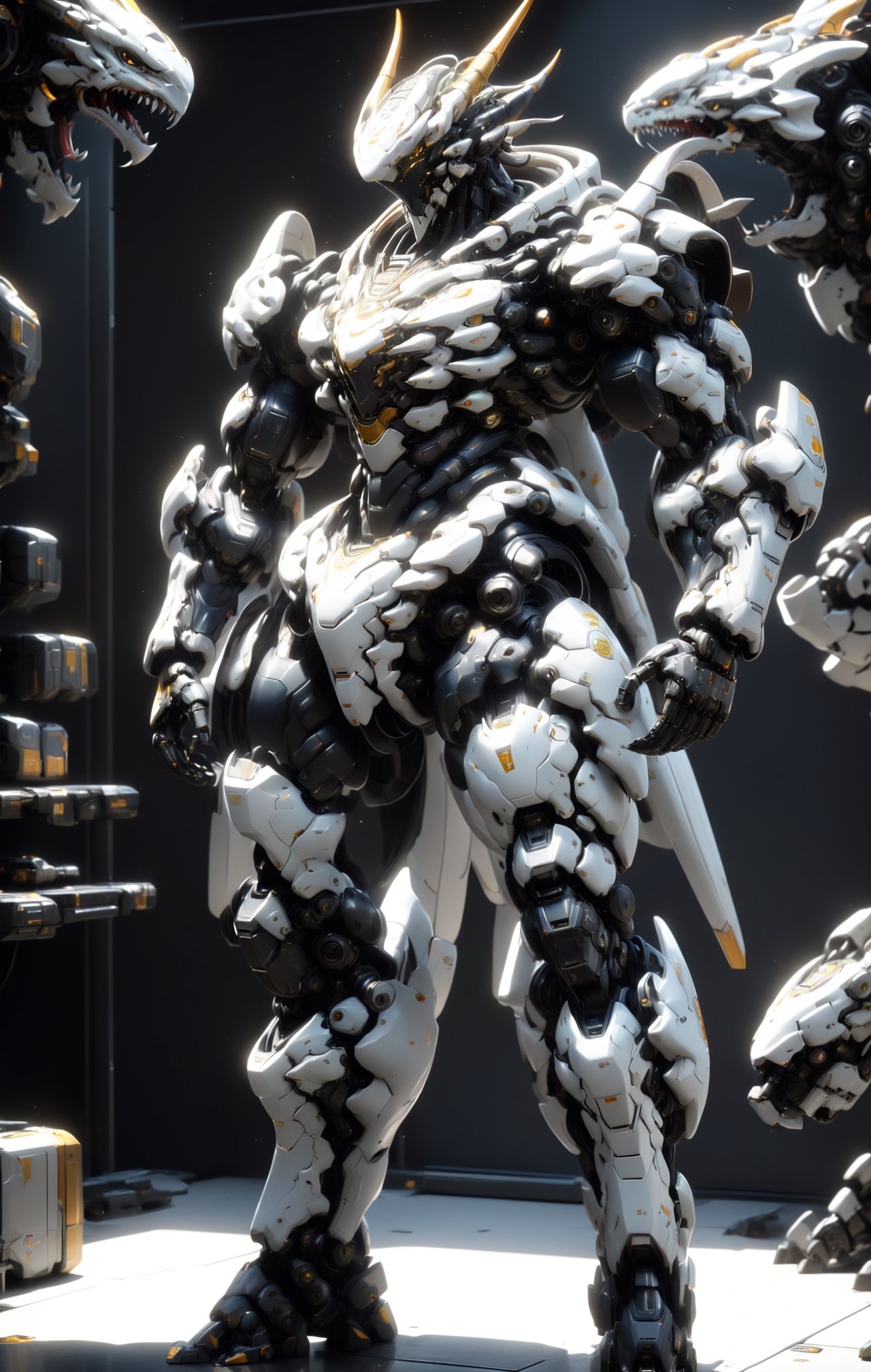 An white dragon Robot Mecha Soldier, Wearing Futuristic gold and black Soldier Armor and Weapons, sitting, front view, Reflection Mapping, Hyper Detailed, Cinematic Lighting Photography, nvidia rtx, super-resolution, unreal 5, subsurface scattering, pbr texturing, 32k UHD