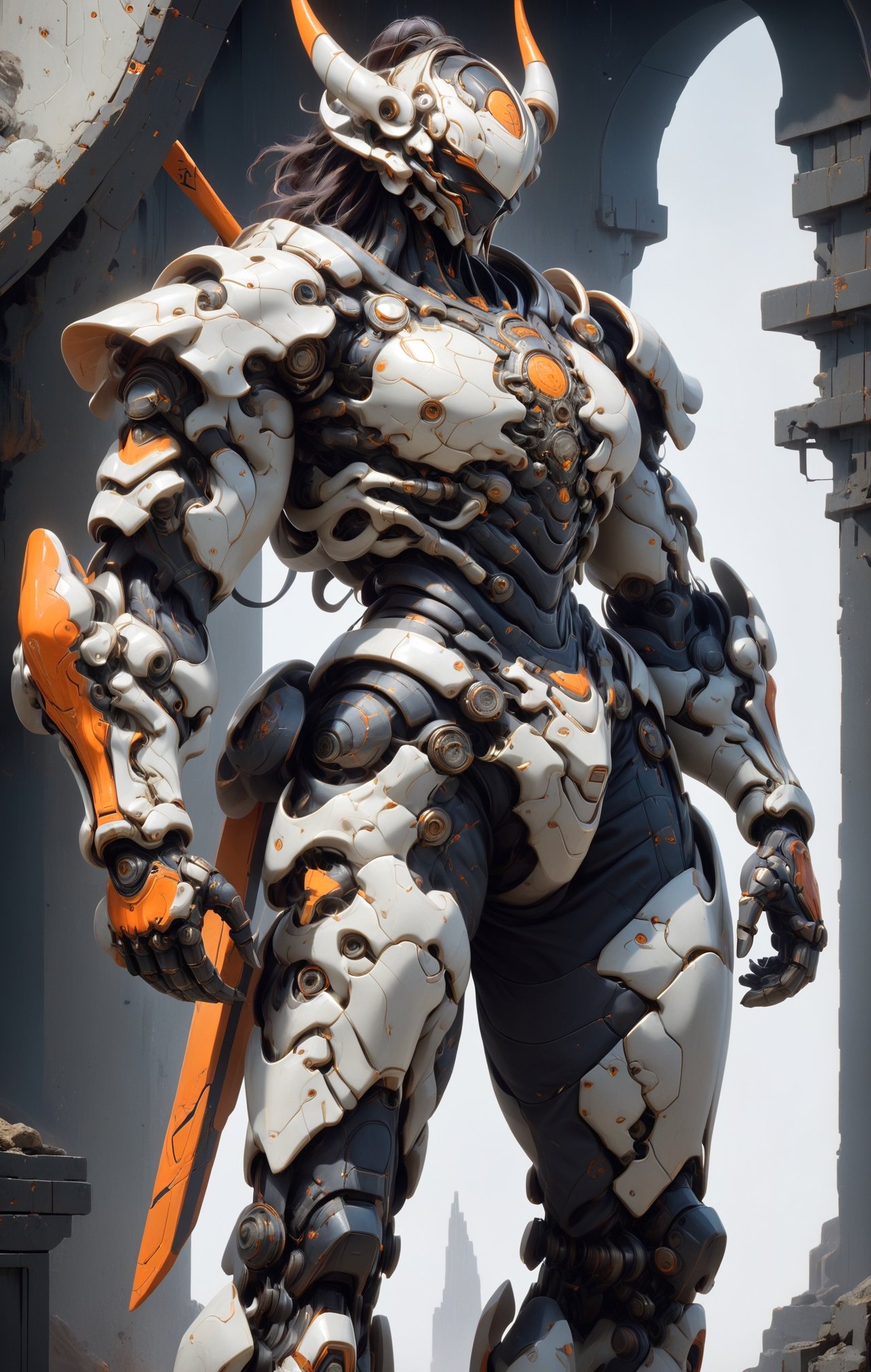 Create image of a futuristic, biomechanical warrior standing majestically. The figure is predominantly ivory and metallic silver with orange-glowing intricate patterns resembling circuitry across the body. Style is detailed and hyper-realistic, textures suggesting both organic and synthetic materials. The warrior's armor is highly ornamental and segmented, comprising layered plate-like structures with curvilinear edges and sharp spikes. The helmet features elongated, horn-like protrusions that arch backwards and taper to fine points, with a V-shaped visor that obscures the eyes, emitting an orange glow. Proportions are heroic, slightly elongated and exaggerated, with broad shoulders and a tapered waist, creating an imposing presence. The armor's design is anatomical, with each piece following the form of the muscles beneath. The background is a deep space scene, predominantly black with soft white star highlights, providing contrast that emphasizes the figure. There are subtle nebulas with faint hints of blue and purple, adding depth but not distracting from the main subject. The foreground focuses on the figure, with no additional elements to challenge the dominance of the warrior. Light sources seem to come from multiple directions, creating dynamic lighting which accentuates the textures and details of the armor, especially the glowing patterns.