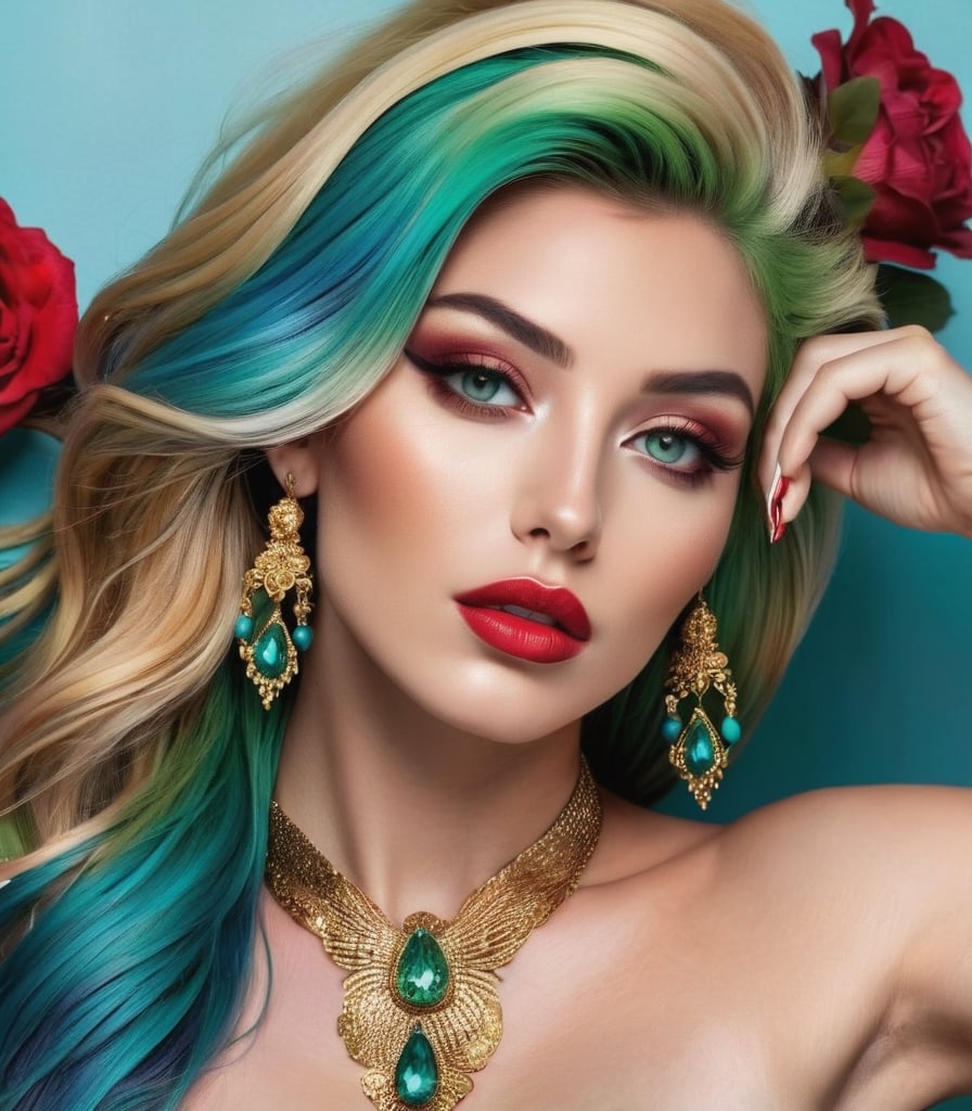 Generate hyper realistic image of a woman with long golden shiny hair cascading over one eye, her piercing green and golden eyes locked onto the viewer. showcasing her elegant red nail polish. Her hair is styled with a flower, complemented by earrings and a necklace. Streaks of azure blue and glittering green  adorn her hair, adding a unique flair. Fishnet stockings and a tattoo peek out. Look at her whole Body from the Front.