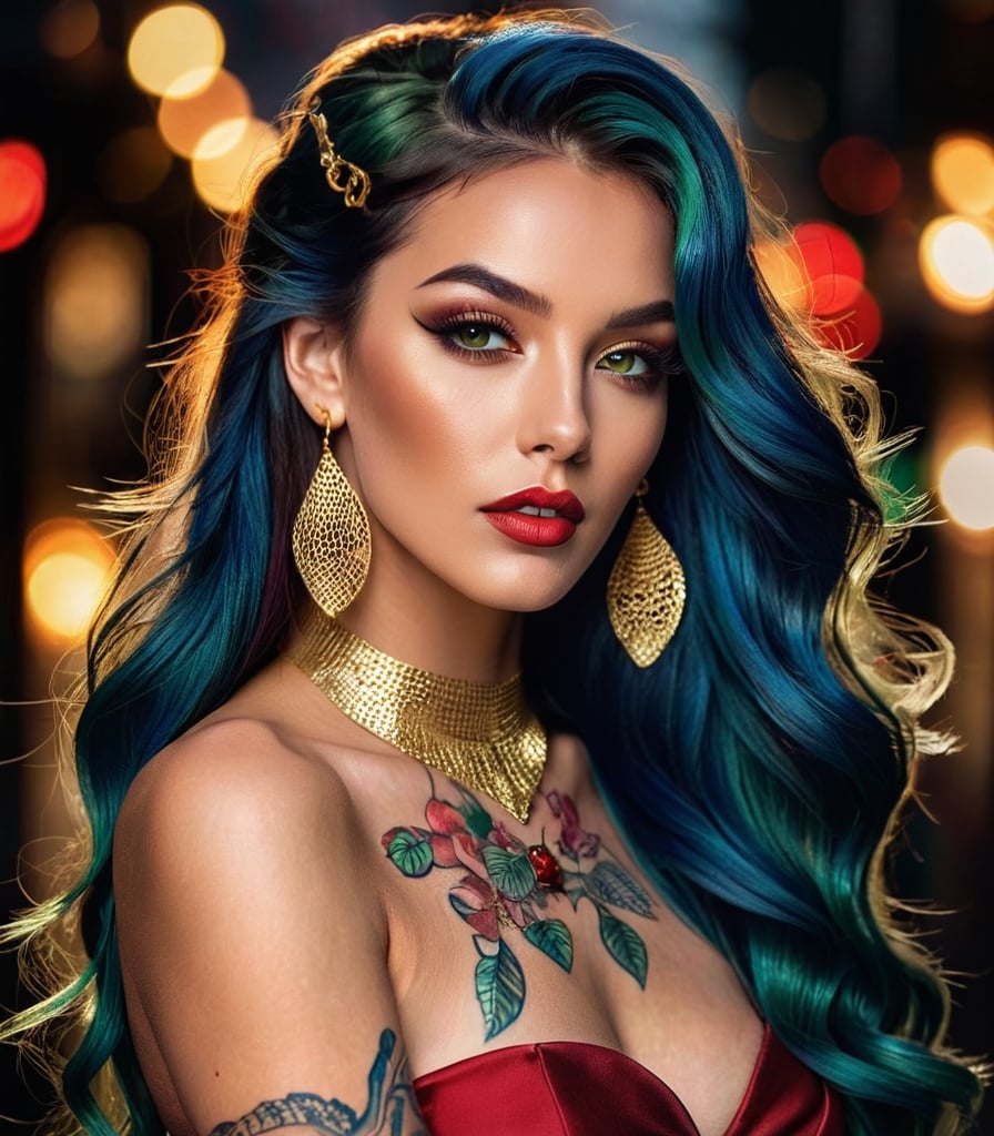 Generate hyper realistic image of a woman with long hair cascading over one eye, her piercing green golden eyes locked onto the viewer. showcasing her elegant red nail polish. Her hair is styled with a bow, complemented by earrings and a necklace. Streaks of blue and gold adorn her hair, adding a unique flair. Fishnet stockings and a tattoo peek out.