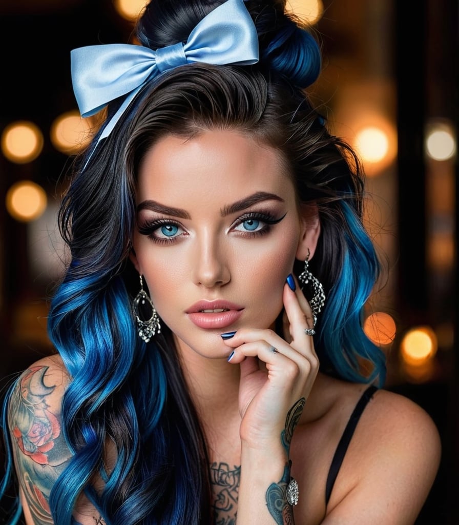 Generate hyper realistic image of a woman with long hair cascading over one eye, her piercing blue eyes locked onto the viewer. showcasing her elegant nail polish. Her hair is styled with a bow, complemented by earrings and a necklace. Streaks of blue and black adorn her hair, adding a unique flair. Fishnet stockings and a tattoo peek out.