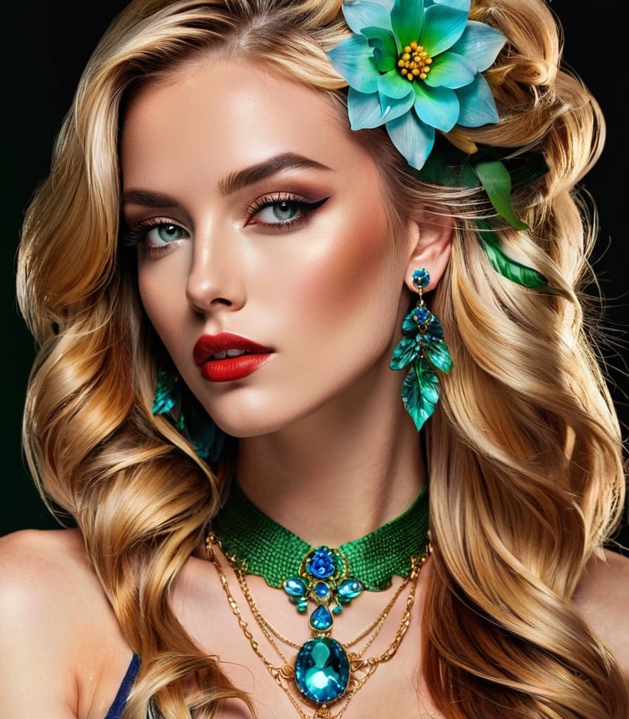 Generate hyper realistic image of a woman with long golden shiny hair cascading over one eye, her piercing green and golden eyes locked onto the viewer. showcasing her elegant red nail polish. Her hair is styled with a flower, complemented by earrings and a necklace. Streaks of azure blue and glittering green  adorn her hair, adding a unique flair. Fishnet stockings and a tattoo peek out. Look at her whole Body from the Front.