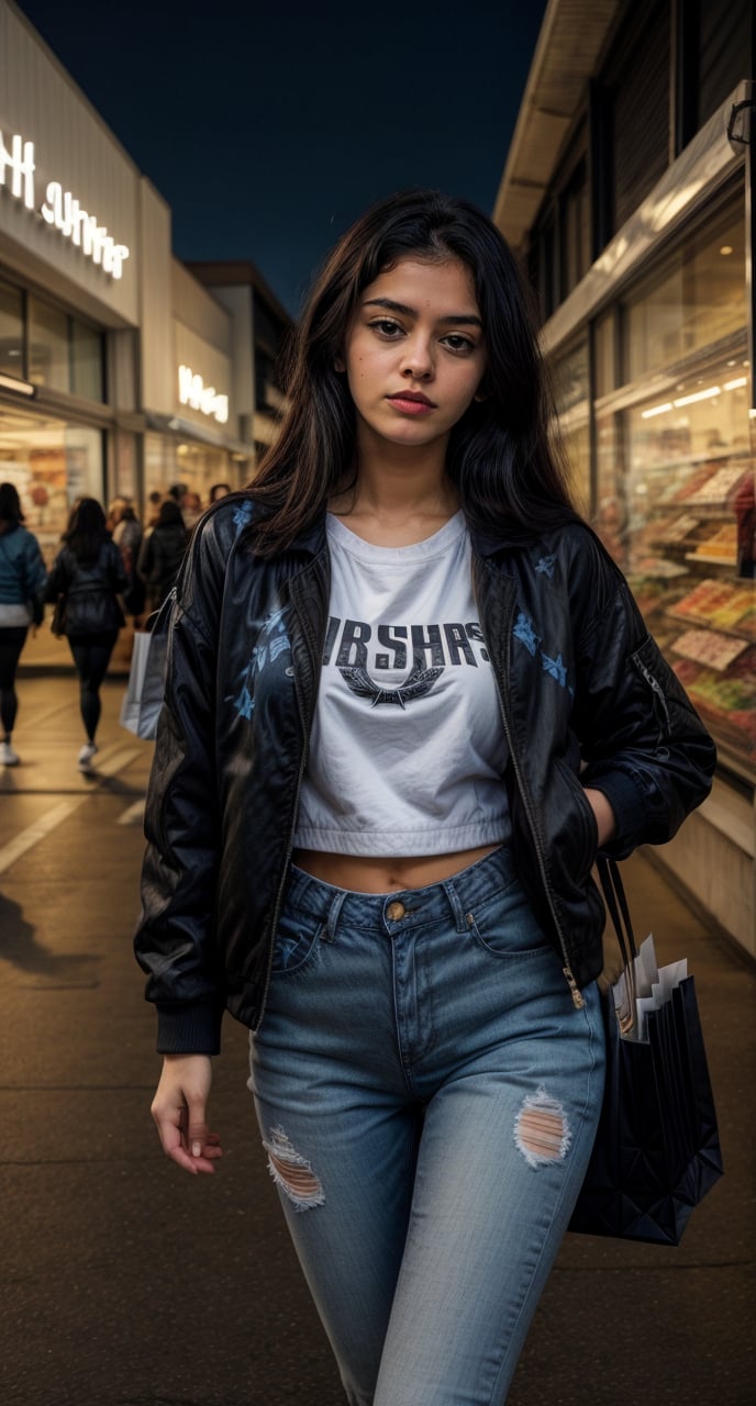 Lovely cute young attractive indian  girl, 22 years old, cute long black_hair,  black  hair,  They are wearing a  blue , patterned Jen's jacket and black jeans, varsity jacket , white shoes. Shopping complex ,