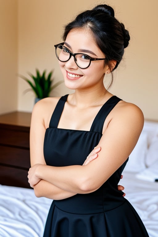 beautiful girl in black dress,perfect beauty,smiling at the viewer,bun hairstyle, frontal pose,wearing black spectacles 